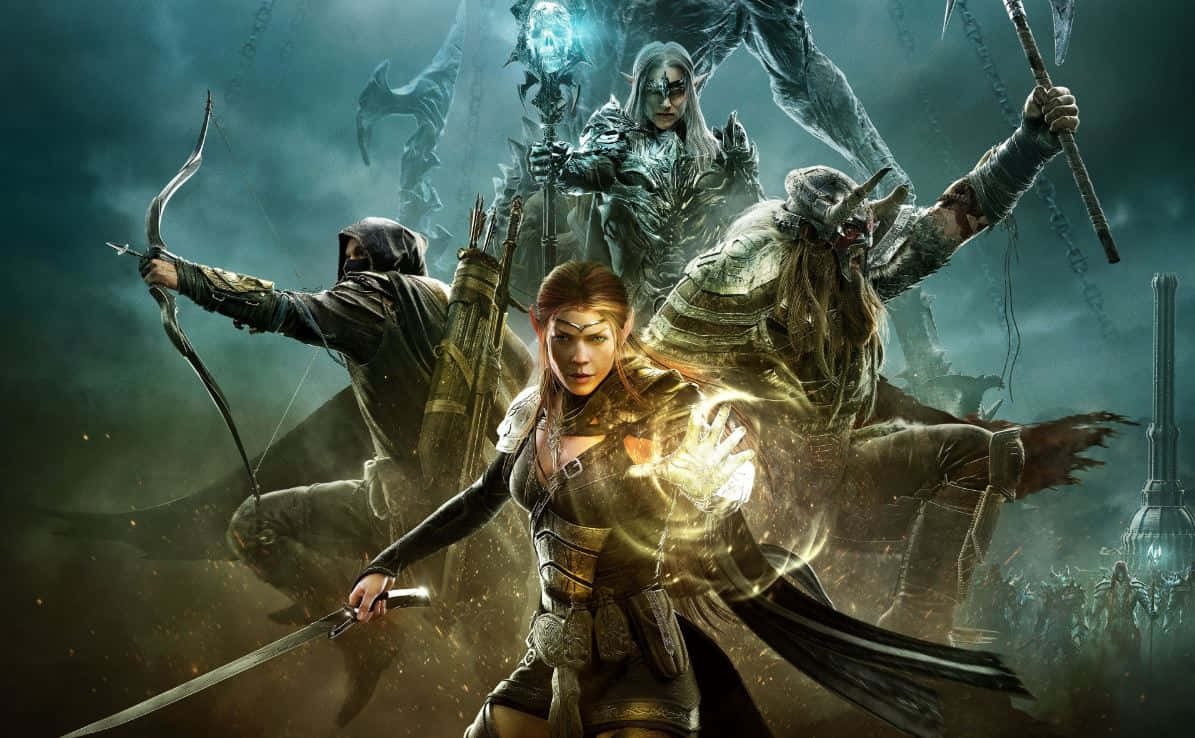 Online Gaming 桌布 壁紙 — 一位奇幻女戰士手持發光魔法劍，在暴風雨戰場上，弓箭手和裝甲戰士與黑暗生物戰鬥時，她挑釁地站立著。