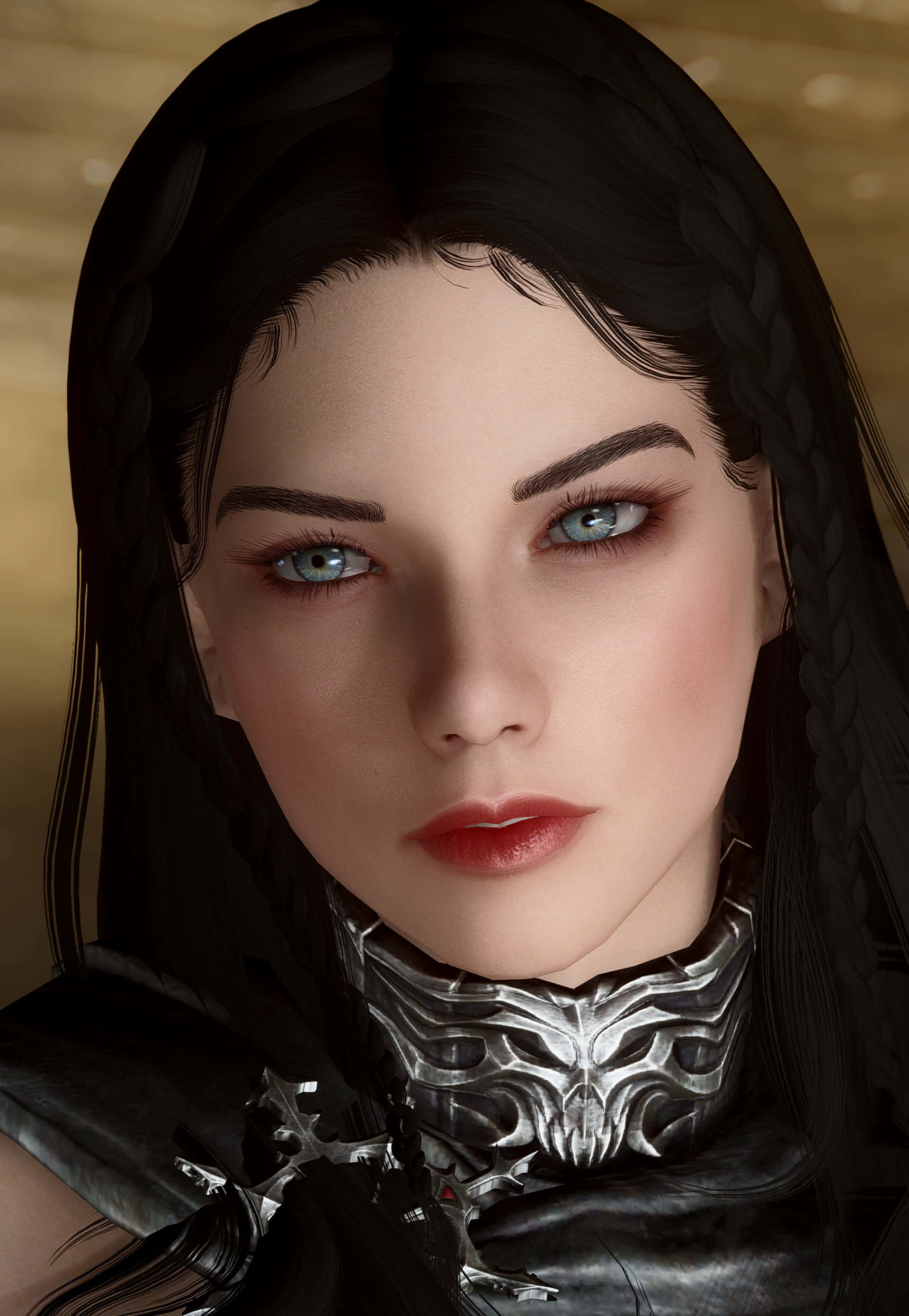 Skyrim Serana 桌布 壁紙 — 一位奇幻女戰士的close-up肖像，擁有編織的黑髮和發光的藍眼睛，身穿華麗的銀色盔甲。