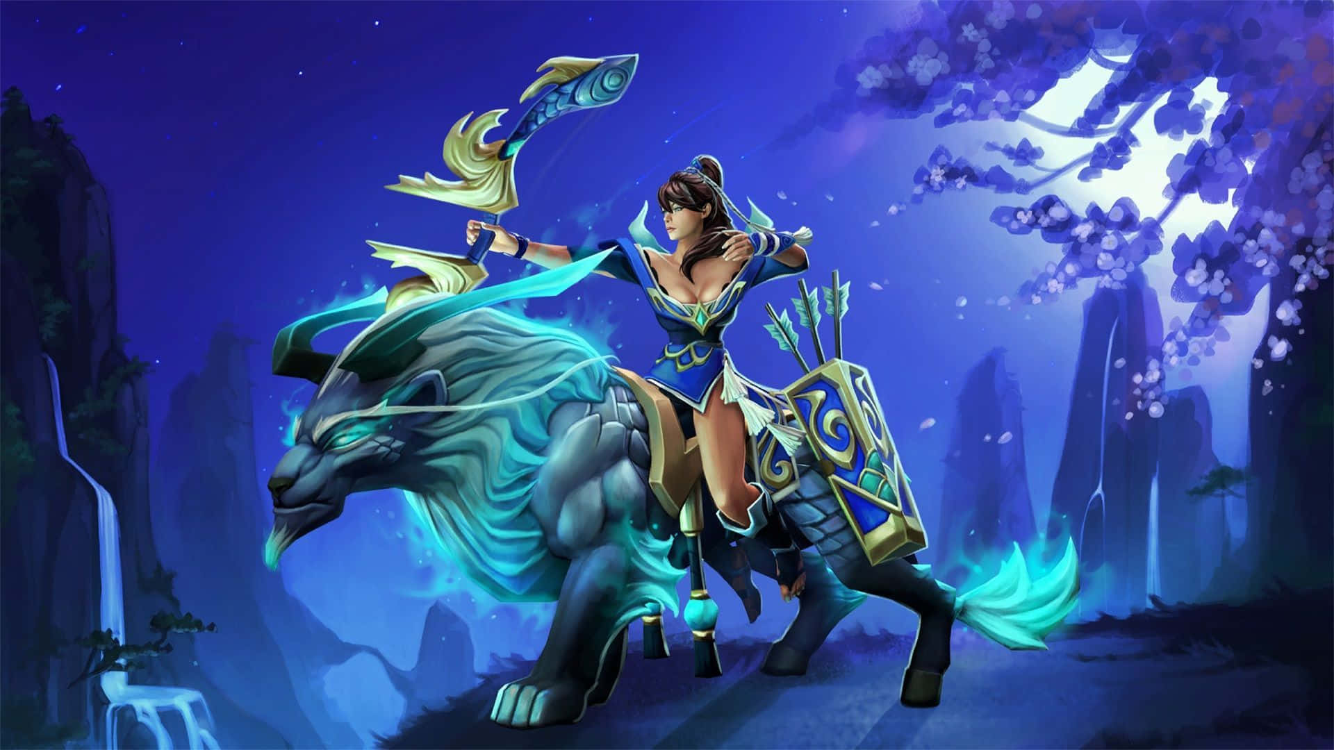 Mirana 桌布 壁紙 — 一位奇幻弓箭手騎著發光的藍色狼穿過神秘的紫色森林，在繁星點點的夜空下。
