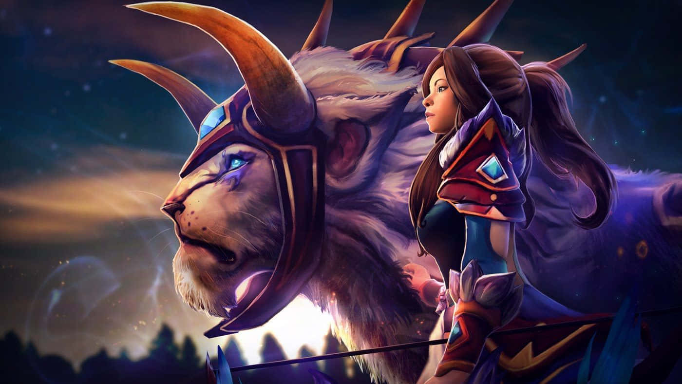 Mirana 桌布 壁紙 — 一位奇幻戰士騎著一頭威風凜凜的角獅，穿越星光閃爍的暮色天空，散發著發光的藍色眼睛和神秘的靈氣。