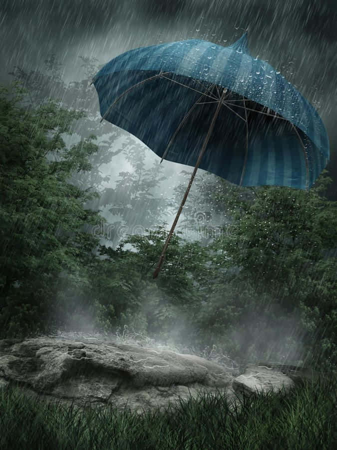一位女士在雨中撐著色彩繽紛的雨傘行走 壁紙 — 一把孤獨的藍色條紋雨傘在暴雨中漂浮在霧氣籠罩的森林岩石和綠植之上。