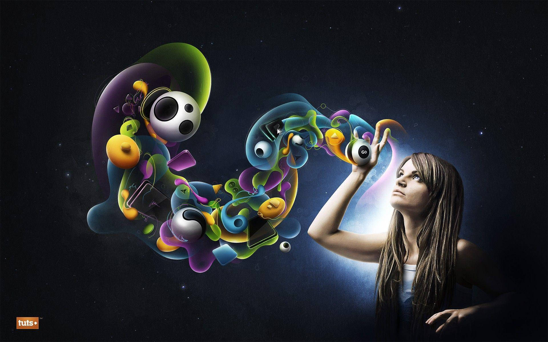 3D 桌布 壁紙 — 一位女性伸手觸向一個由色彩繽紛的抽象數碼圖標組成的旋轉星系，這些圖標漂浮在繁星點點的宇宙虛空中。