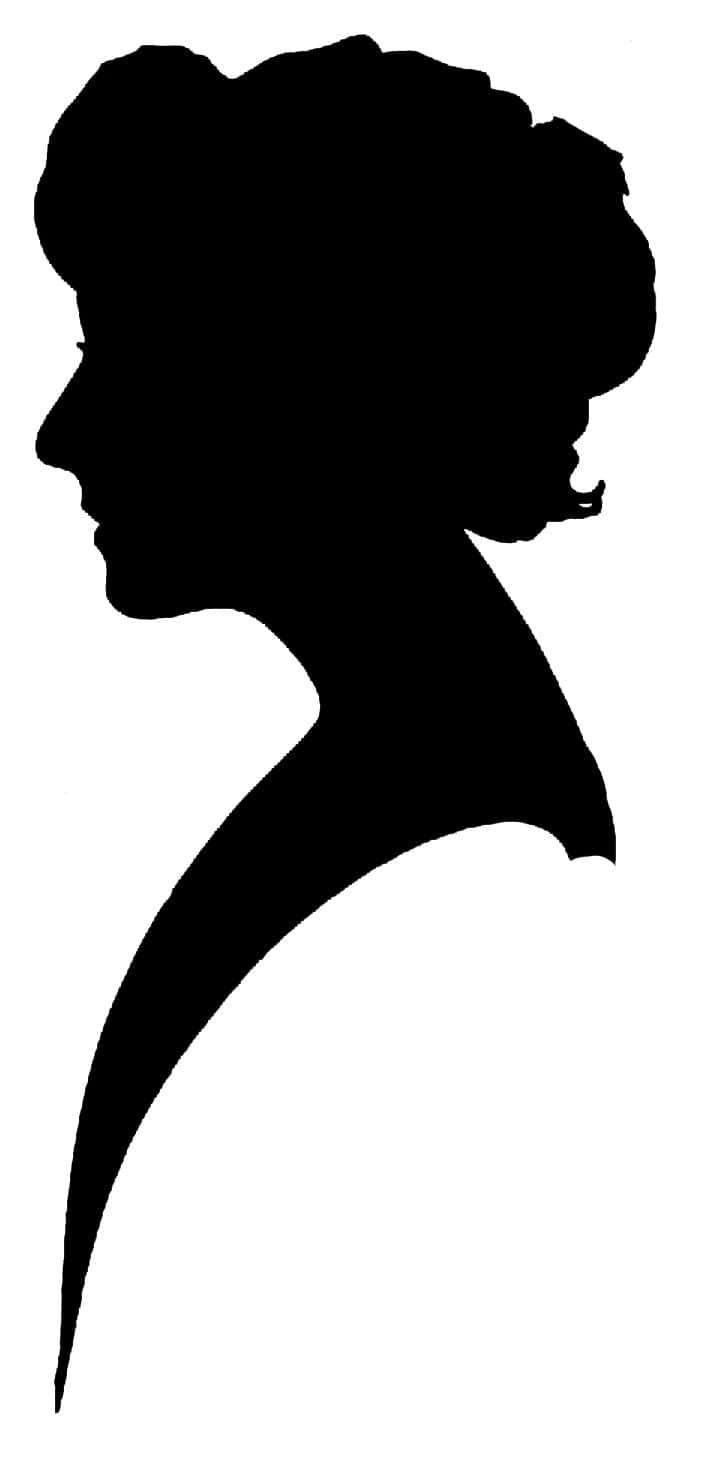 一位女性剪影映襯美麗的日落 壁紙 — 優雅的黑色女性側面剪影，帶有造型頭髮，在純白背景上。