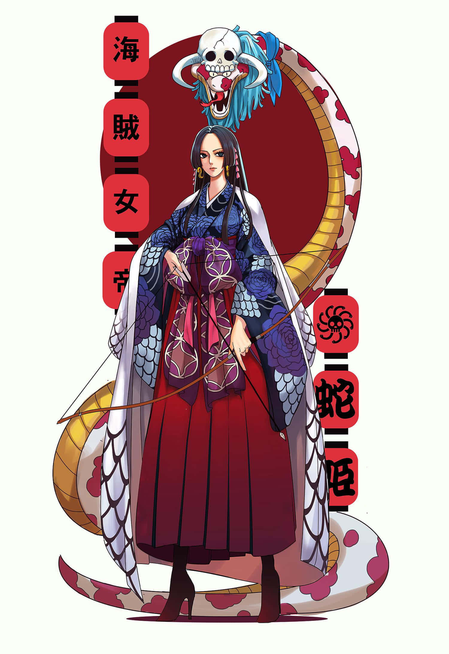 boa hancock 桌布 壁紙 — 一位女性動漫海盜，頭戴骷髏，藍色頭髮，站在一條大蛇旁邊，穿著華麗的傳統長袍。