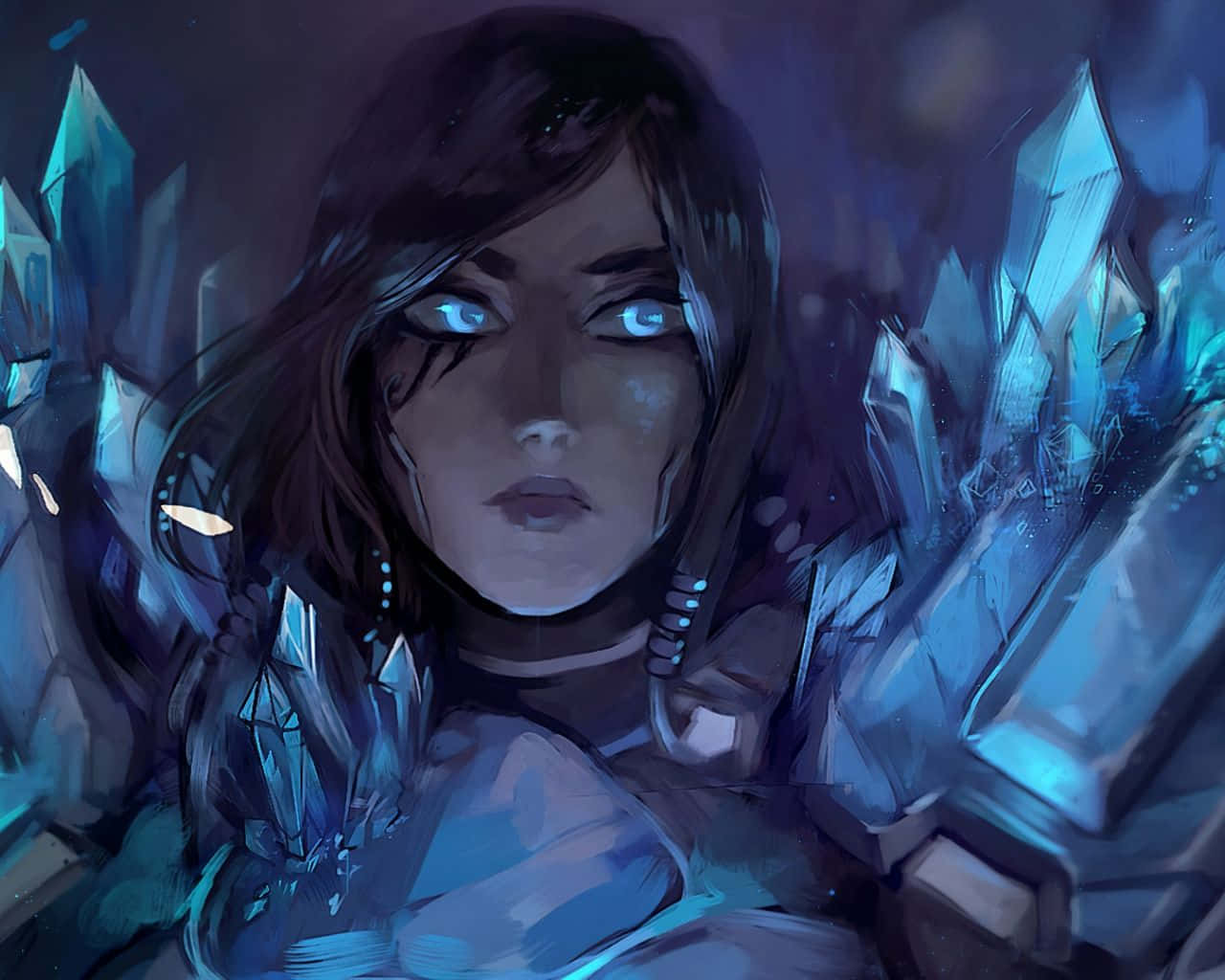 Overwatch Pharah 桌布 壁紙 — 一位女性嘅數碼藝術肖像，佢有發光嘅藍色眼睛，被尖銳嘅水晶結構包圍喺深藍色氛圍中。