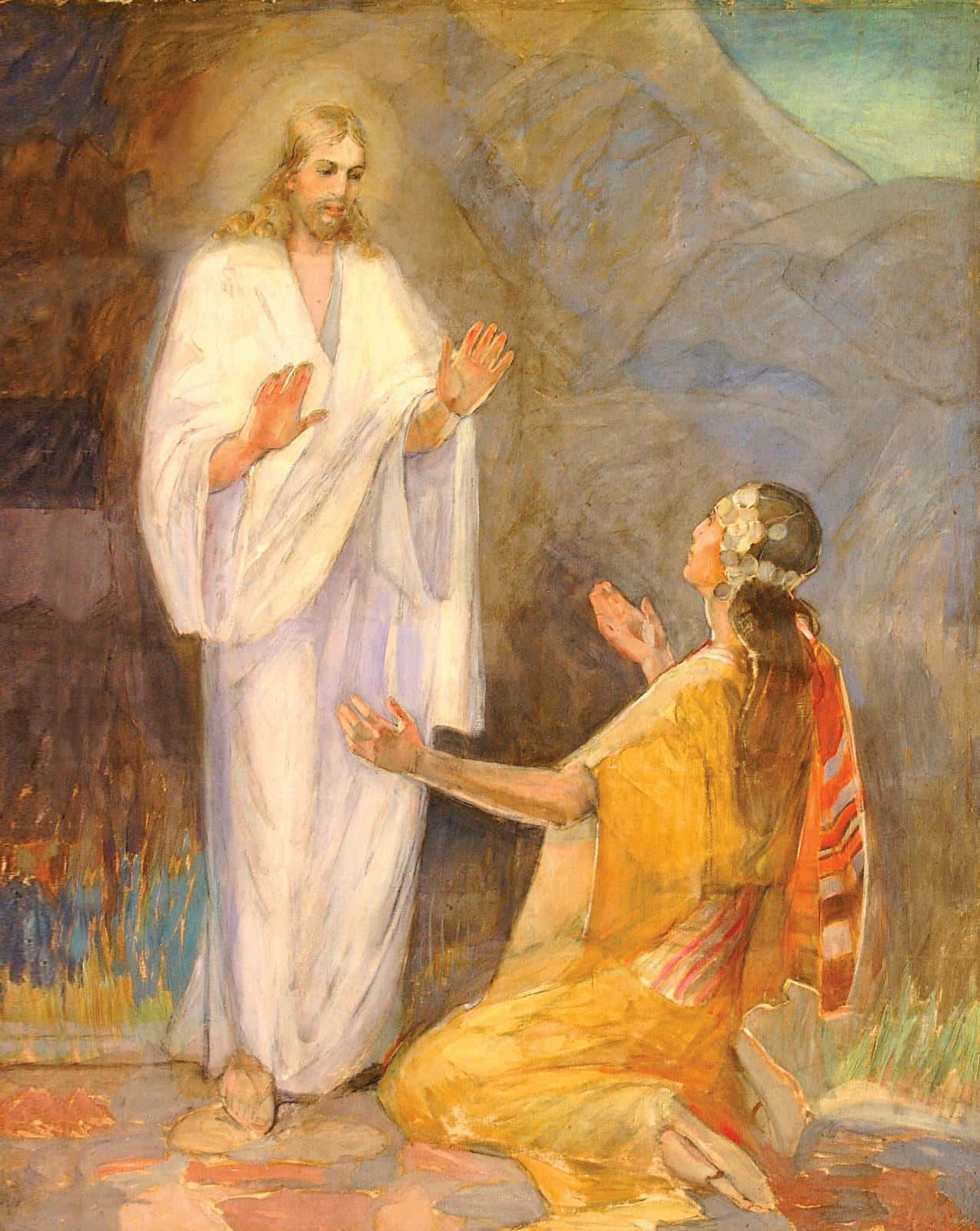 Mary Magdalene 桌布 壁紙 — 一位女性在溫暖大地色調的柔和印象派畫作中，跪在光芒四射的耶穌面前祈禱。