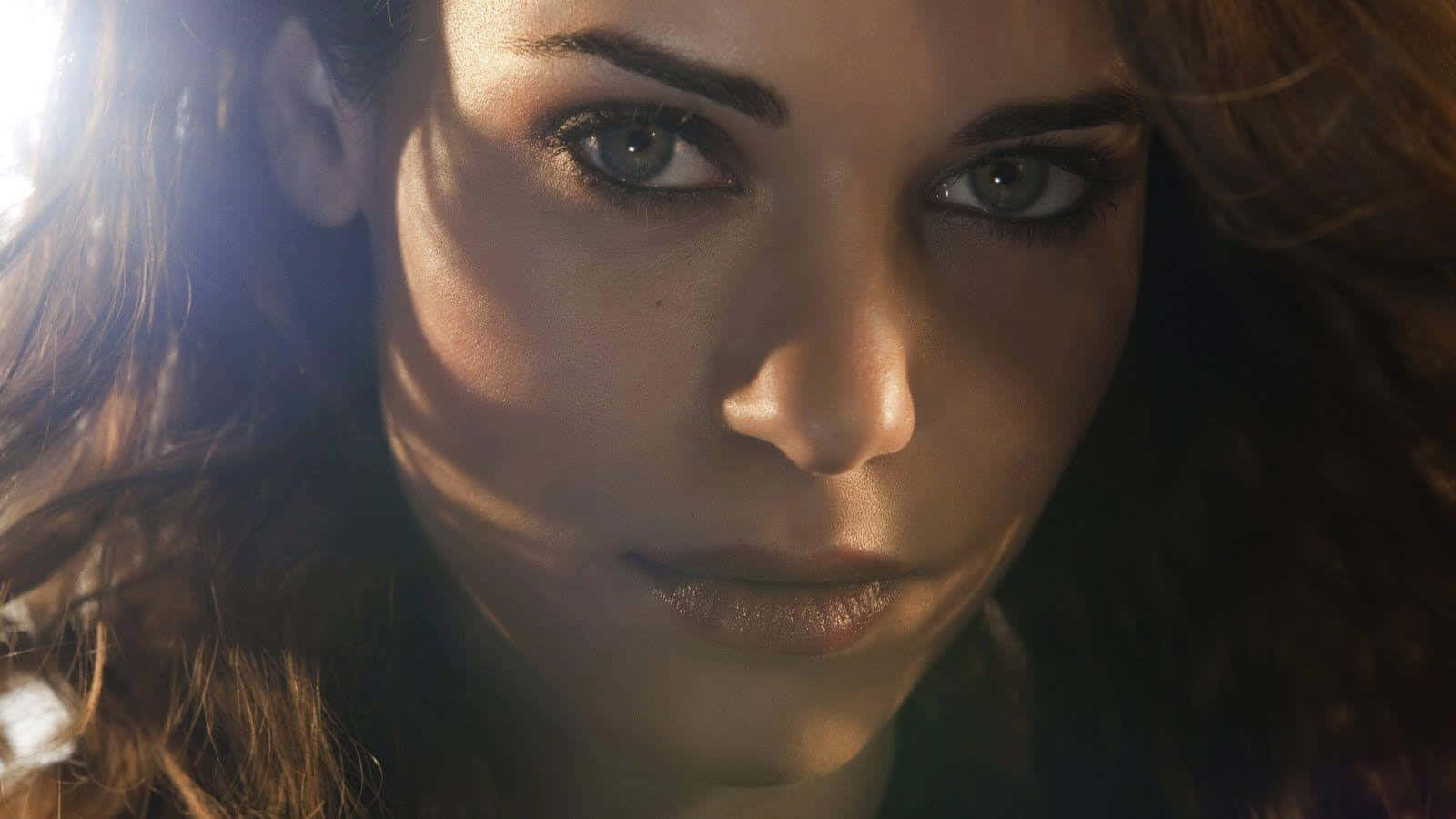 lyndsy fonseca 桌布 壁紙 — 一位女性的特寫肖像，擁有銳利的眼神和陽光照射的頭髮，沐浴在溫暖的金色光芒中。