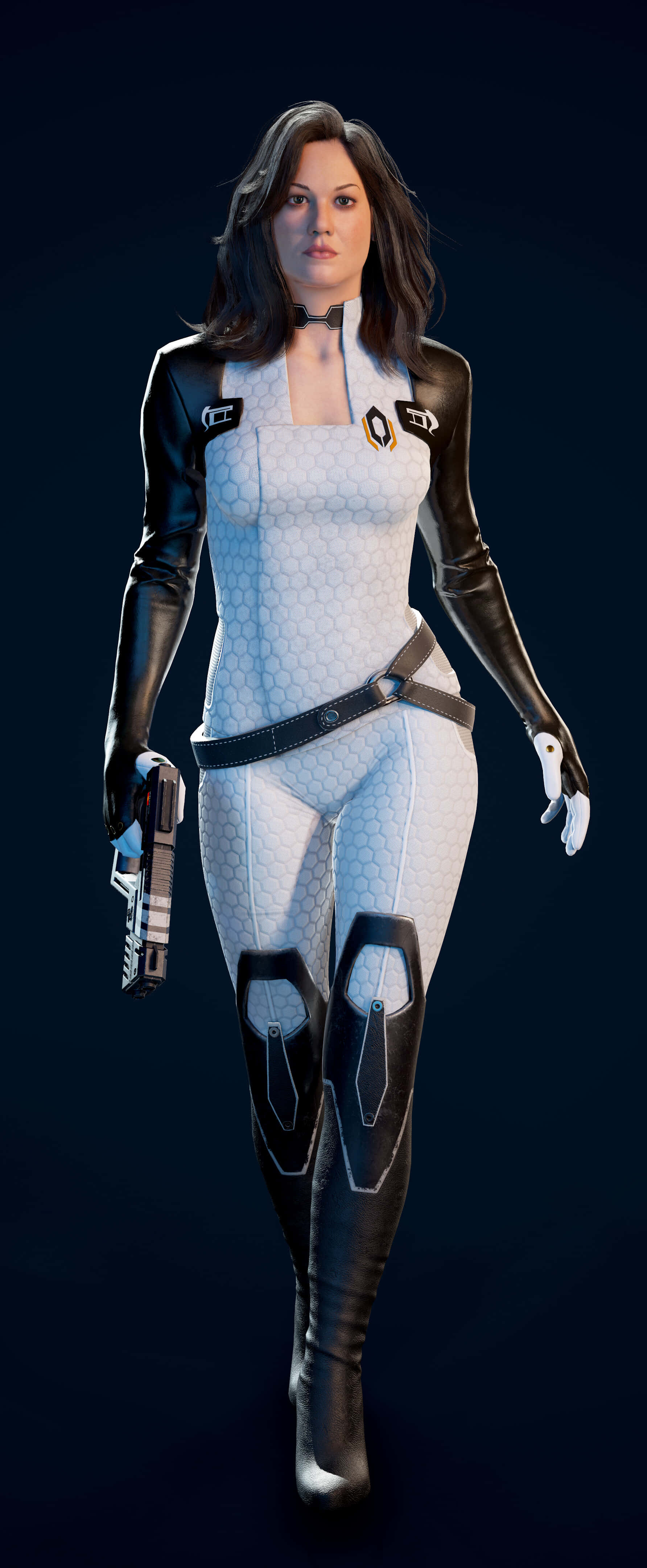 Miranda Lawson 桌布 壁紙 — 一位女性科幻特工穿著白色六角形緊身衣，搭配黑色皮革飾邊，在黑暗背景下自信地行走。