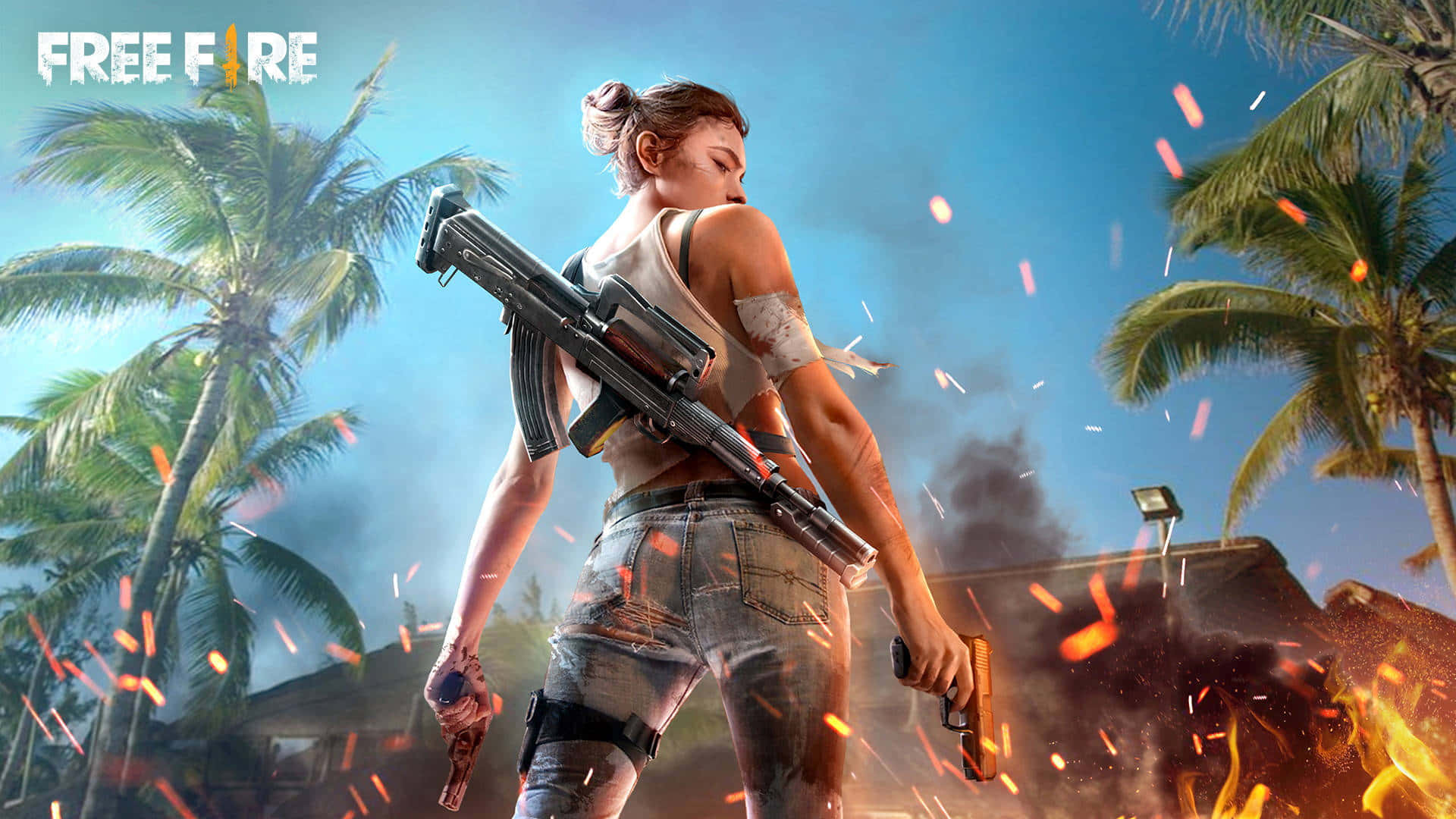 Free Fire Logo 桌布 壁紙 — 一位女性遊戲玩家在熱帶環境中，在明亮的藍天下，於火花四濺和棕櫚樹之間揮舞雙武器。