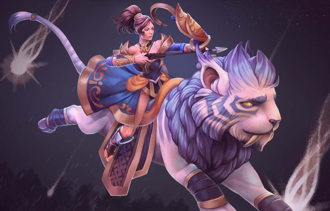 Mirana 桌布 壁紙 — 一位女戰士騎著一頭雄偉的紫色獅子，穿越繁星點點的夜空，身後留下發光的軌跡。