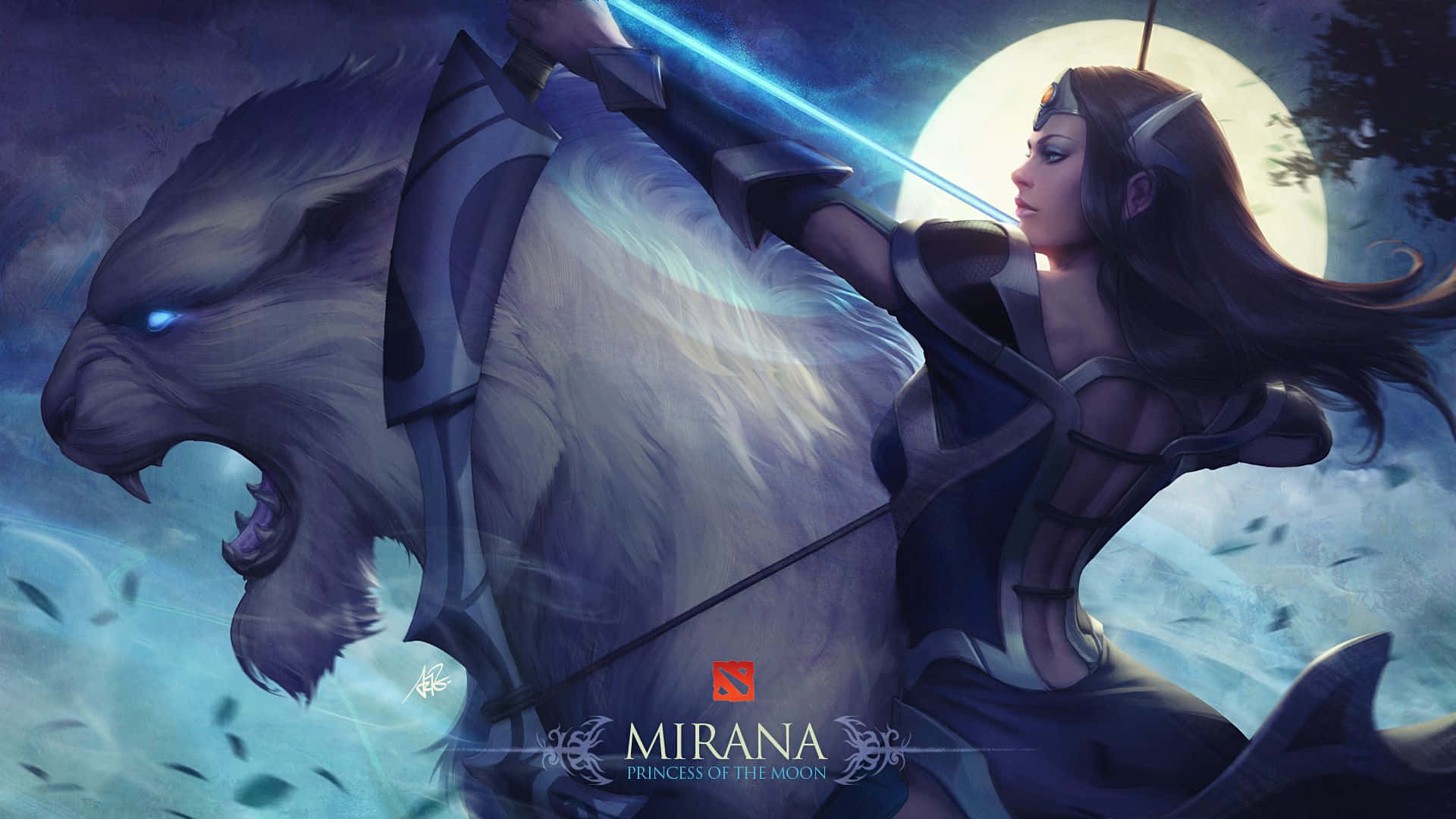 Dota 桌布 壁紙 — 一位女戰士騎著咆哮的白虎，在發光的月亮下揮舞著藍色能量劍。
