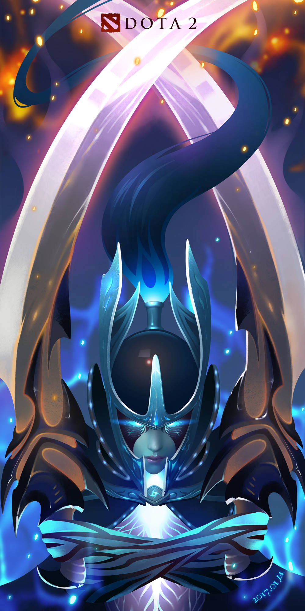 遊戲 桌布 壁紙 — 一位威嚴的 Dota 2 英雄，身穿發光藍色盔甲，飄逸黑髮，被輻射能量弧環繞。