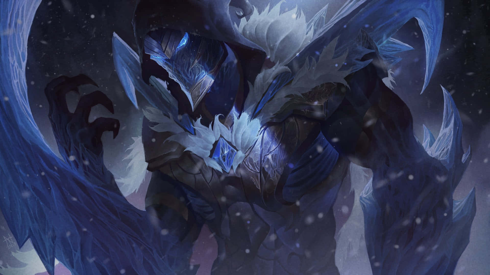 Frostbite 桌布 壁紙 — 一位威嚴的冰之戰士，身穿發光藍色盔甲和羽毛翅膀，站在星空夜空下飄落的雪中。