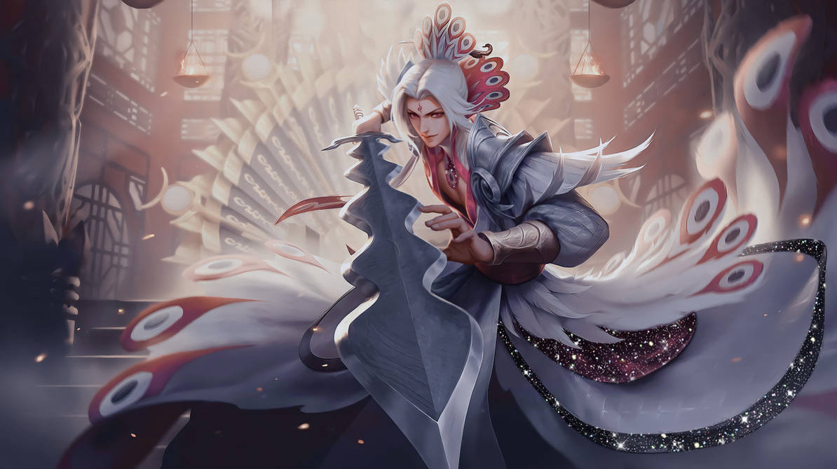Mobile Legends 桌布 壁紙 — 一位威嚴的動漫戰士，白髮戴著孔雀羽毛頭飾，在神秘寺廟中揮舞著發光的劍。