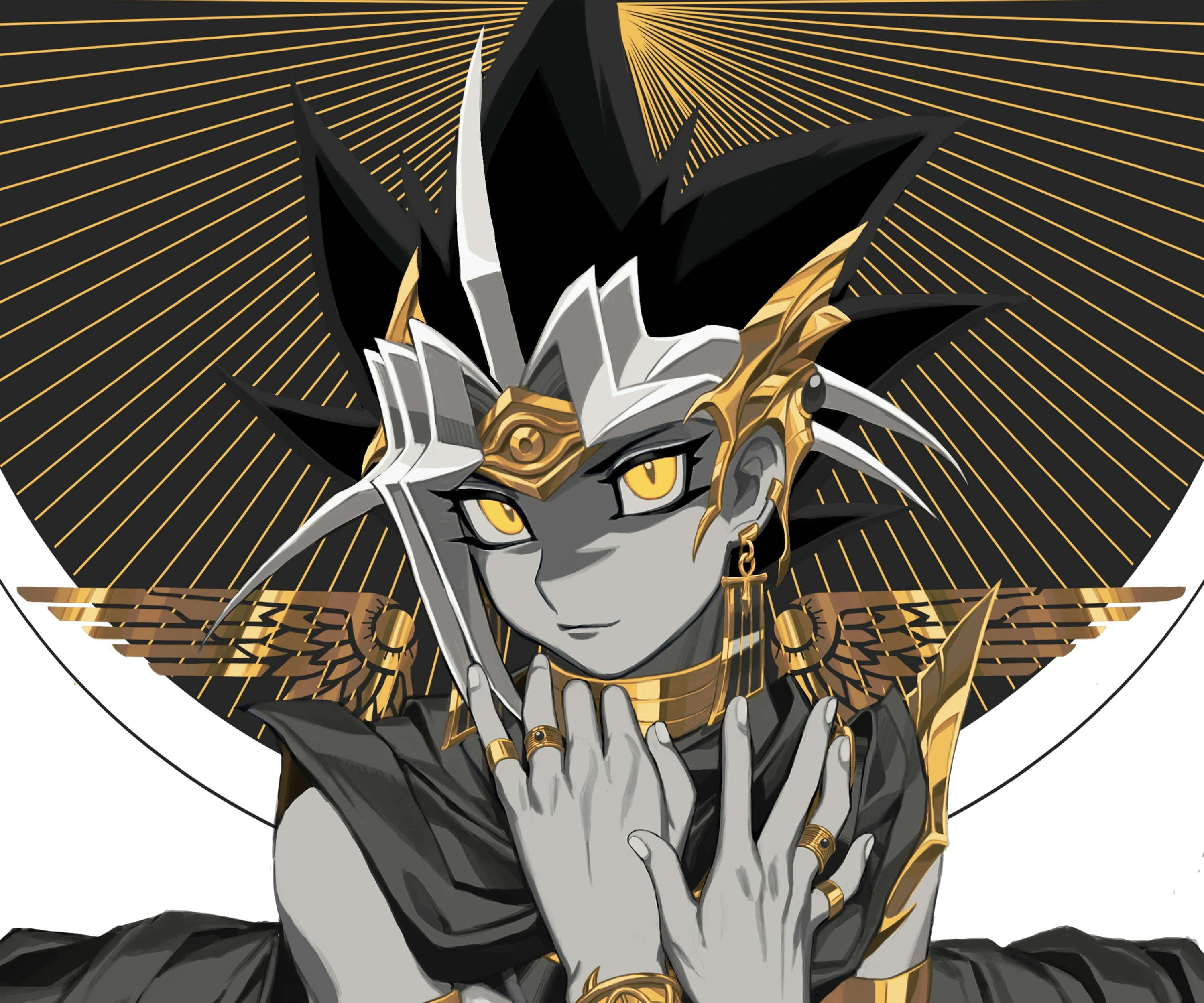 Yugi Muto 桌布 壁紙 — 一位威嚴的動漫角色，擁有金色眼睛和華麗的黑金盔甲，站在燦爛的太陽爆發背景前。