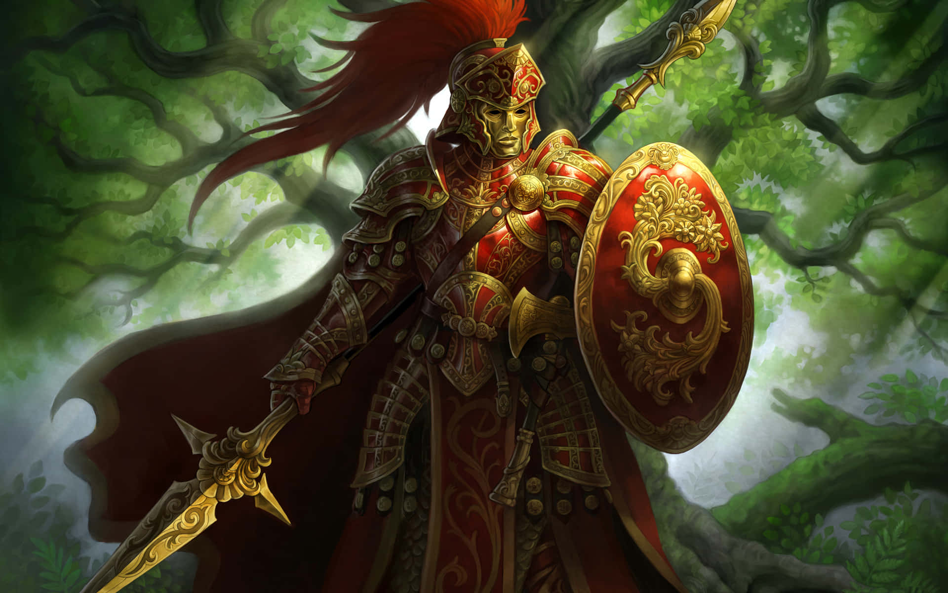 戰士 桌布 壁紙 — 一位威嚴的裝甲騎士，戴著紅色羽飾頭盔，穿著華麗的紅金色盔甲，站在茂密的綠色森林中，手持劍和盾牌。