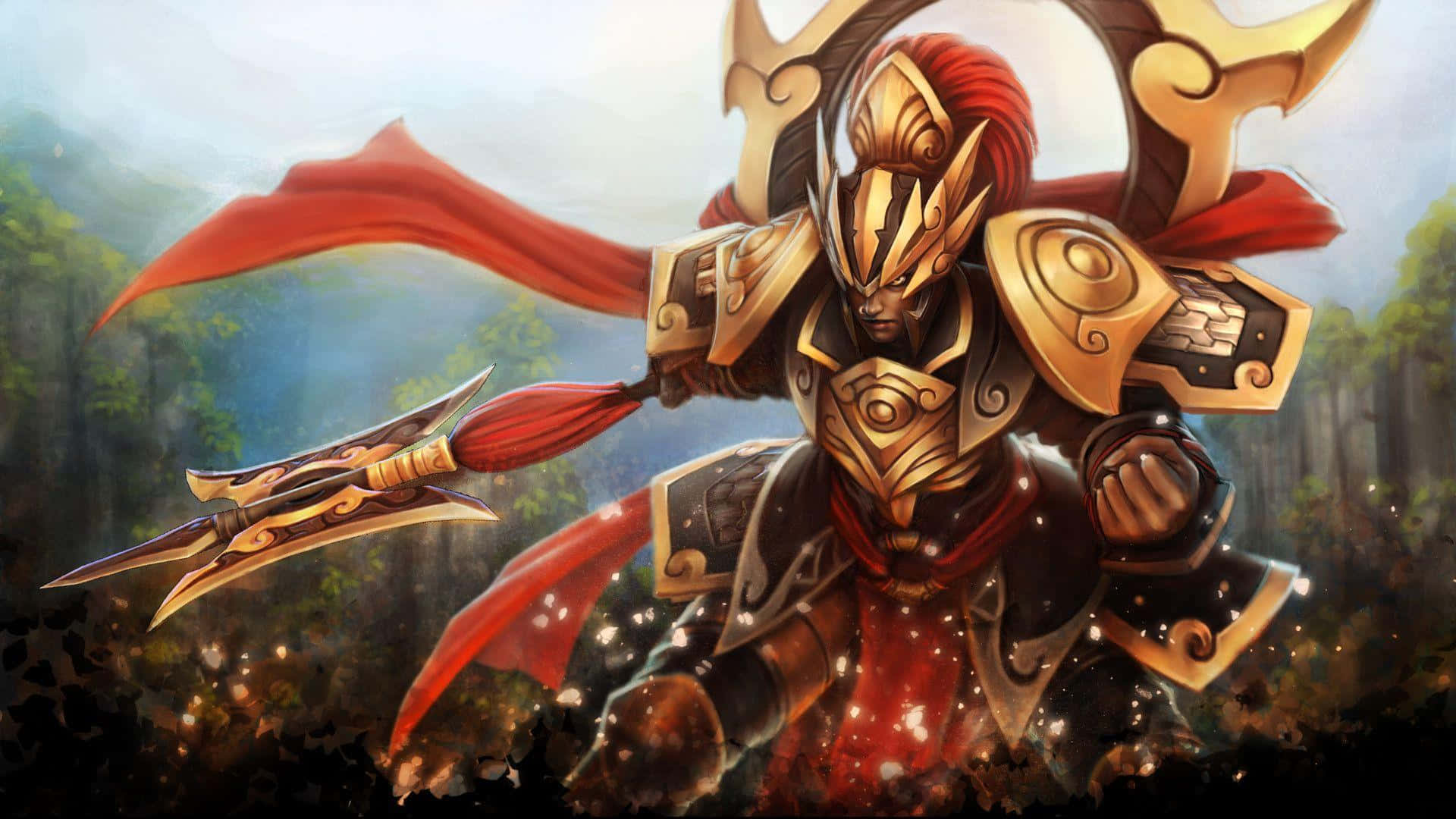 Legion Commander 桌布 壁紙 — 一位威風凜凜的裝甲戰士，披著紅色斗篷，身穿華麗金色鎧甲，在迷霧森林中手持帶刺長矛，蓄勢待發。
