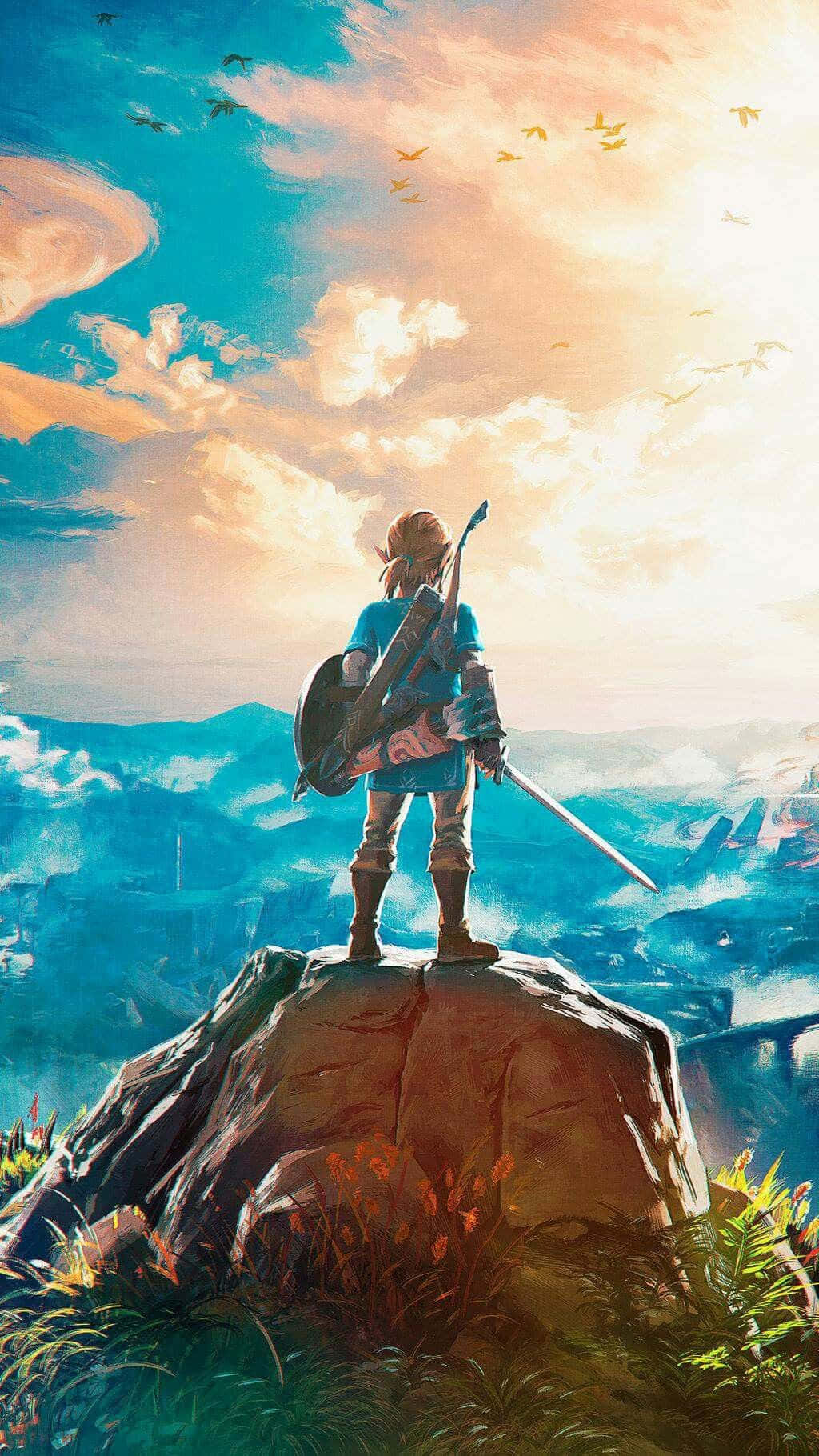 Botw 桌布 壁紙 — 一位孤獨的冒險家站在岩石山峰上，俯瞰著廣闊的山谷，天空佈滿了鳥兒，夕陽燦爛。