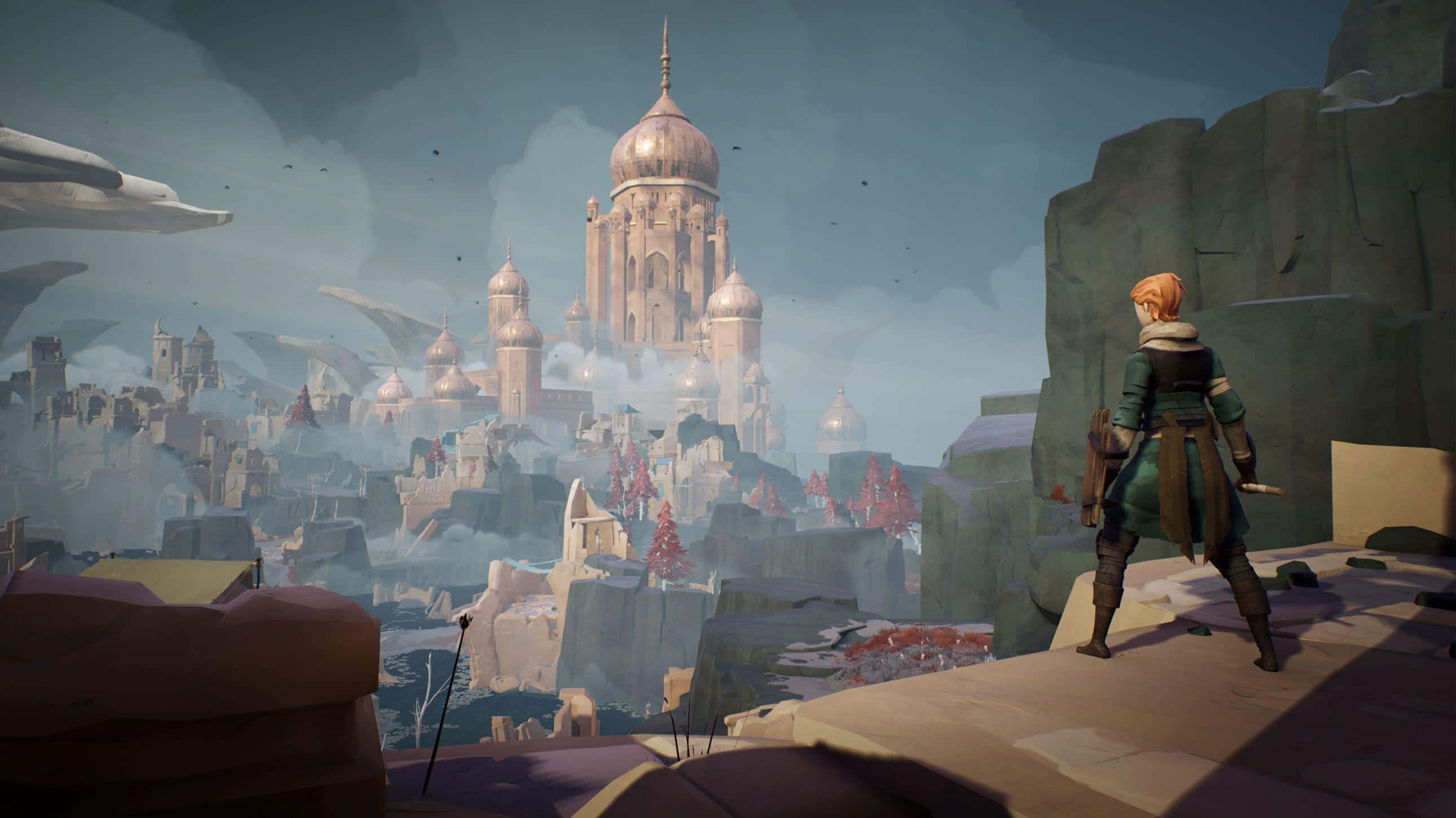 Ashen 桌布 壁紙 — 一位孤獨的冒險家站在懸崖上，俯瞰著下方一座擁有圓頂塔樓和霧雲的雄偉浮空城市。
