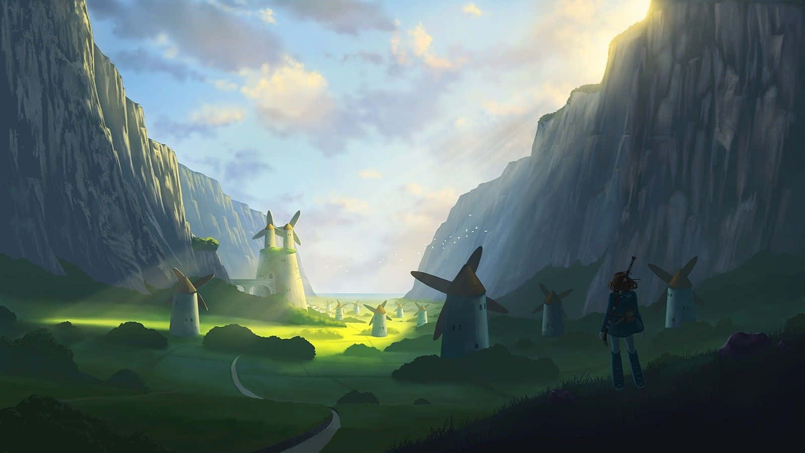 nausicaä of the valley of the wind 桌布 壁紙 — 一位孤獨的冒險家站在陽光明媚的山谷中，兩旁是高聳的懸崖，周圍環繞著發光的風車。