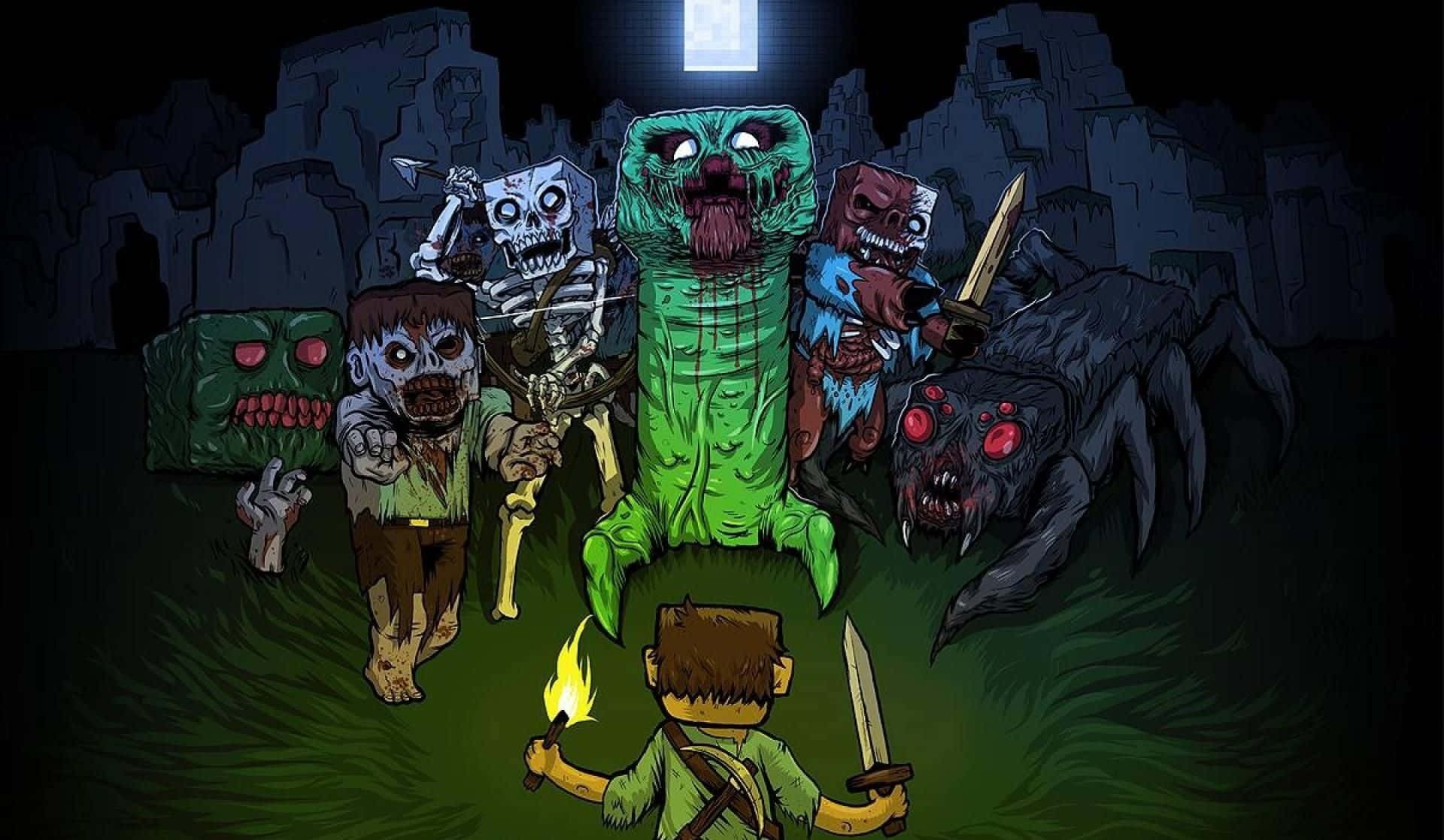 Minecraft Fan Art 桌布 壁紙 — 一位孤獨的冒險者手持火炬和劍，在黑暗、廢墟般的洞穴中面對一群怪誕的怪物。