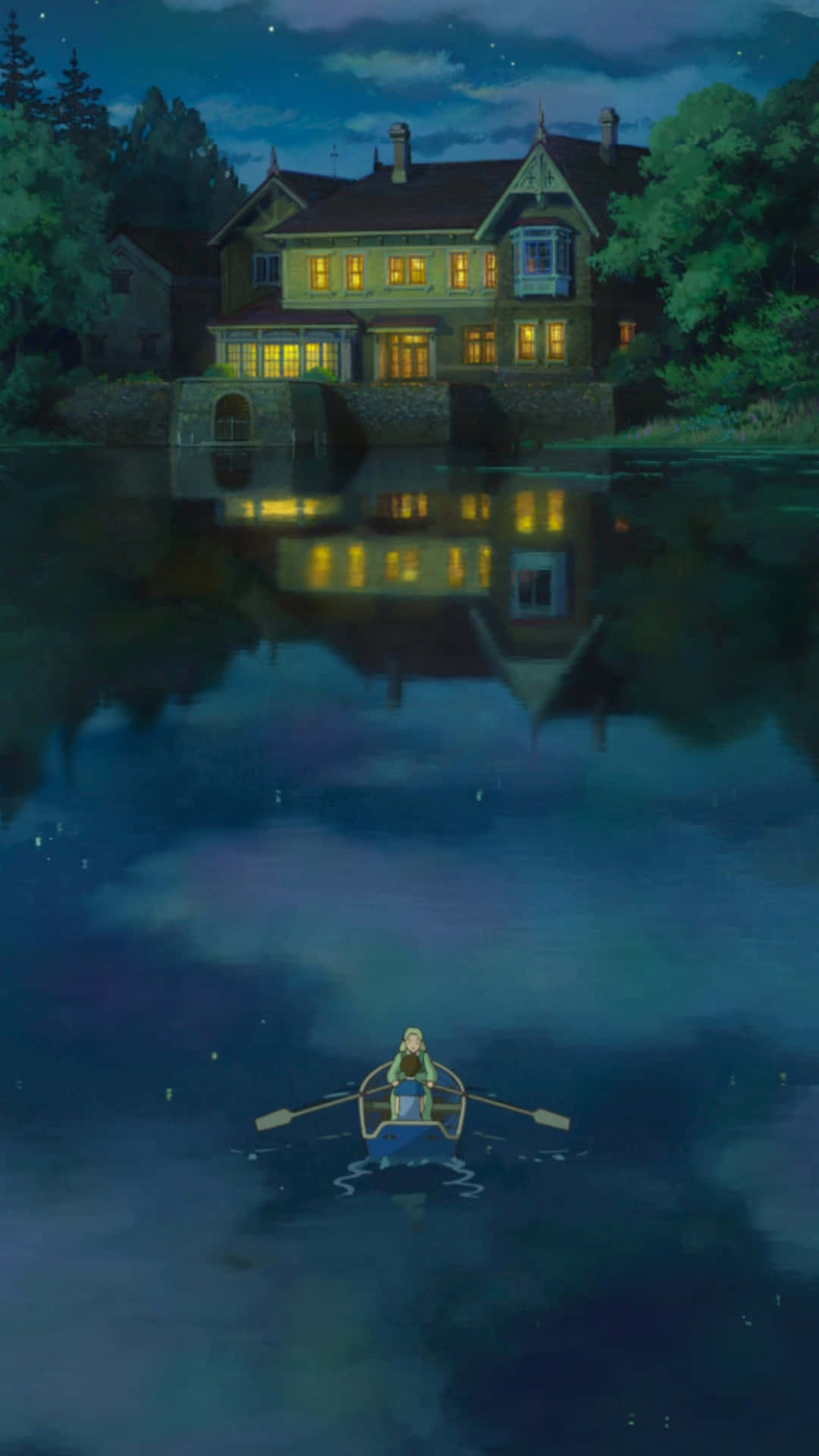 Studio Ghibli Art 桌布 壁紙 — 一位孤獨的划船者在星光燦爛的湖面上滑行，朝向一座宏偉的房子，房子閃爍的窗戶倒映在平靜的水面上。