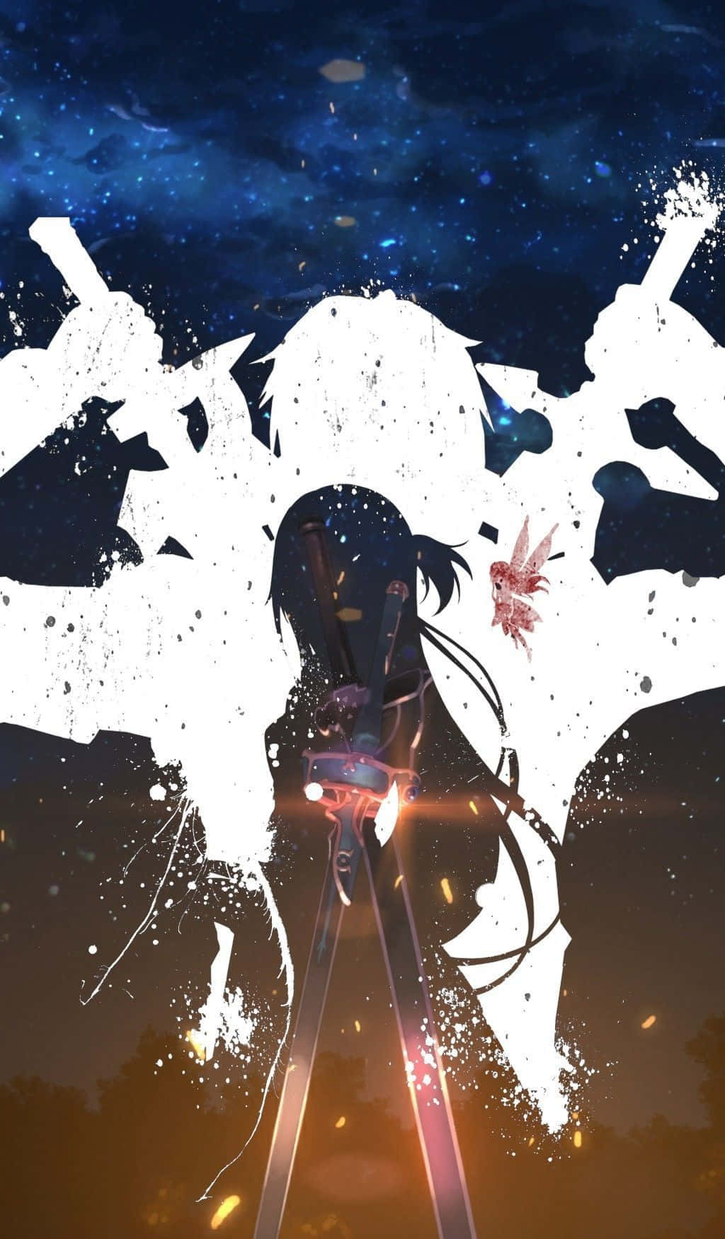 Yuuki Asuna 桌布 壁紙 — 一位孤獨的動漫戰士手持發光劍，站在星空夜空下，伴隨著白色飛濺效果和熾熱火花。