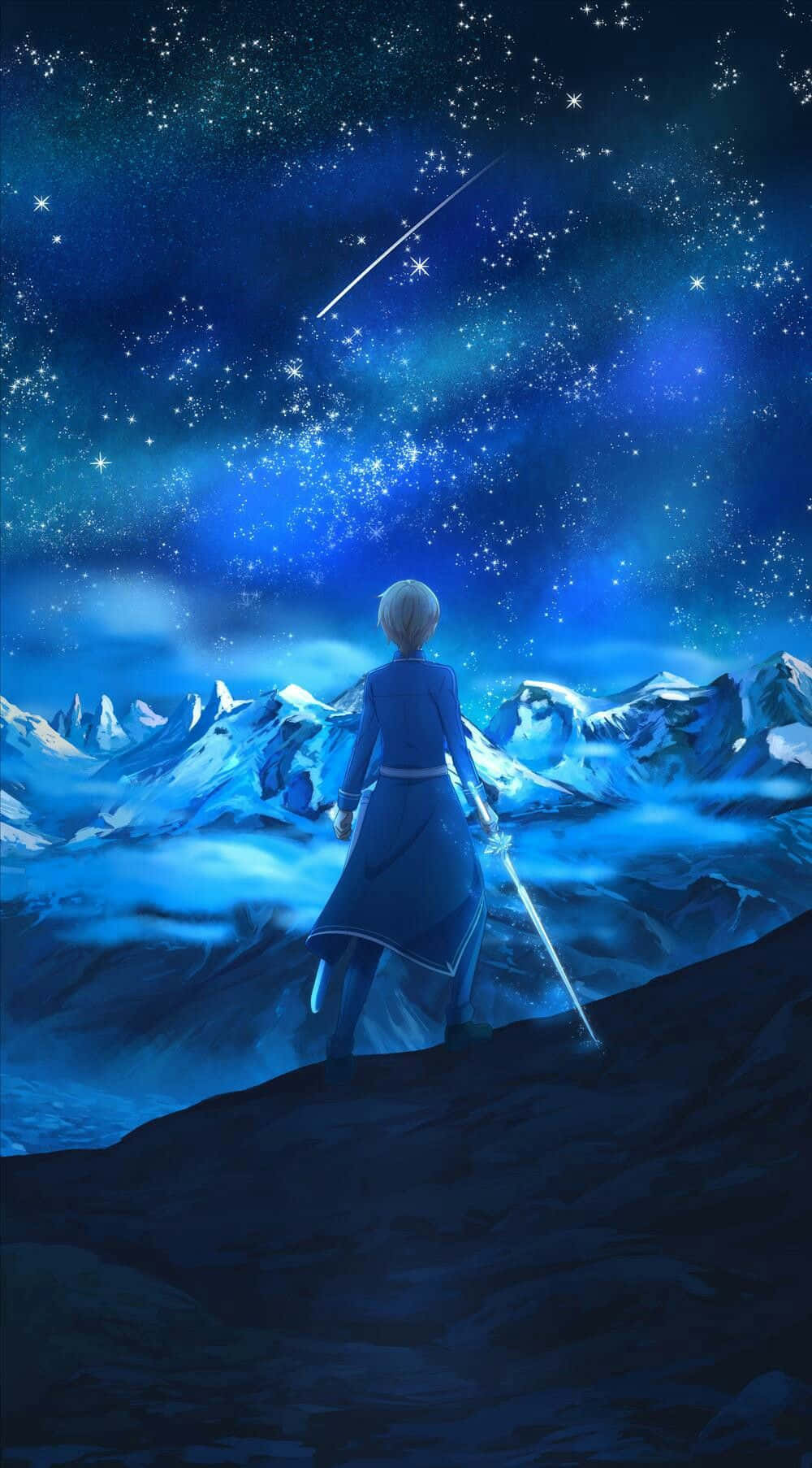 Sword Art Online Eugeo 桌布 壁紙 — 一位孤獨的動漫戰士站在白雪覆蓋的山頂上，凝視著帶有流星嘅 vibrant 藍色星空。
