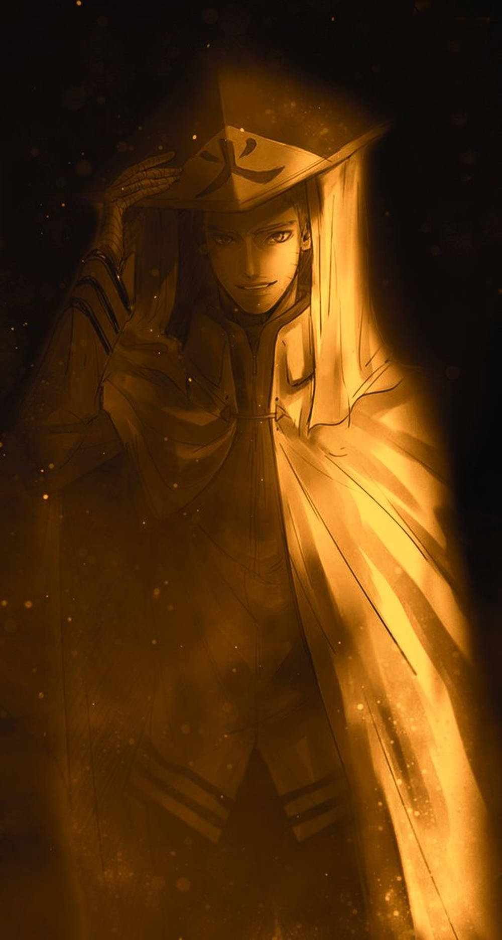 Uzumaki Clan 桌布 壁紙 — 一位孤獨的動漫戰士身穿發光的金色斗篷，在陰影黑暗中帶著堅定的目光站立。