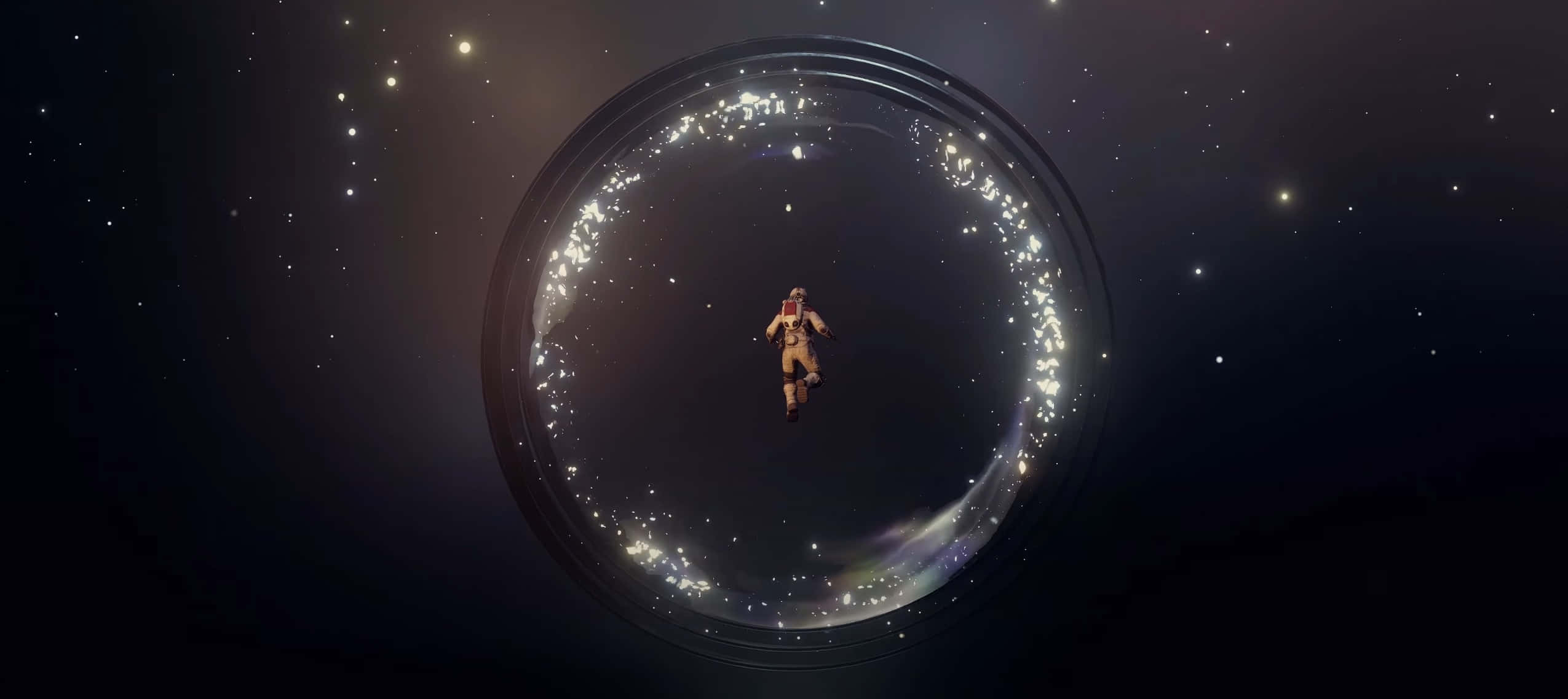 星空動態圖 桌布 壁紙 — 一位孤獨的太空人在星光熠熠的宇宙虛空中漂浮在一個發光的圓形傳送門內。