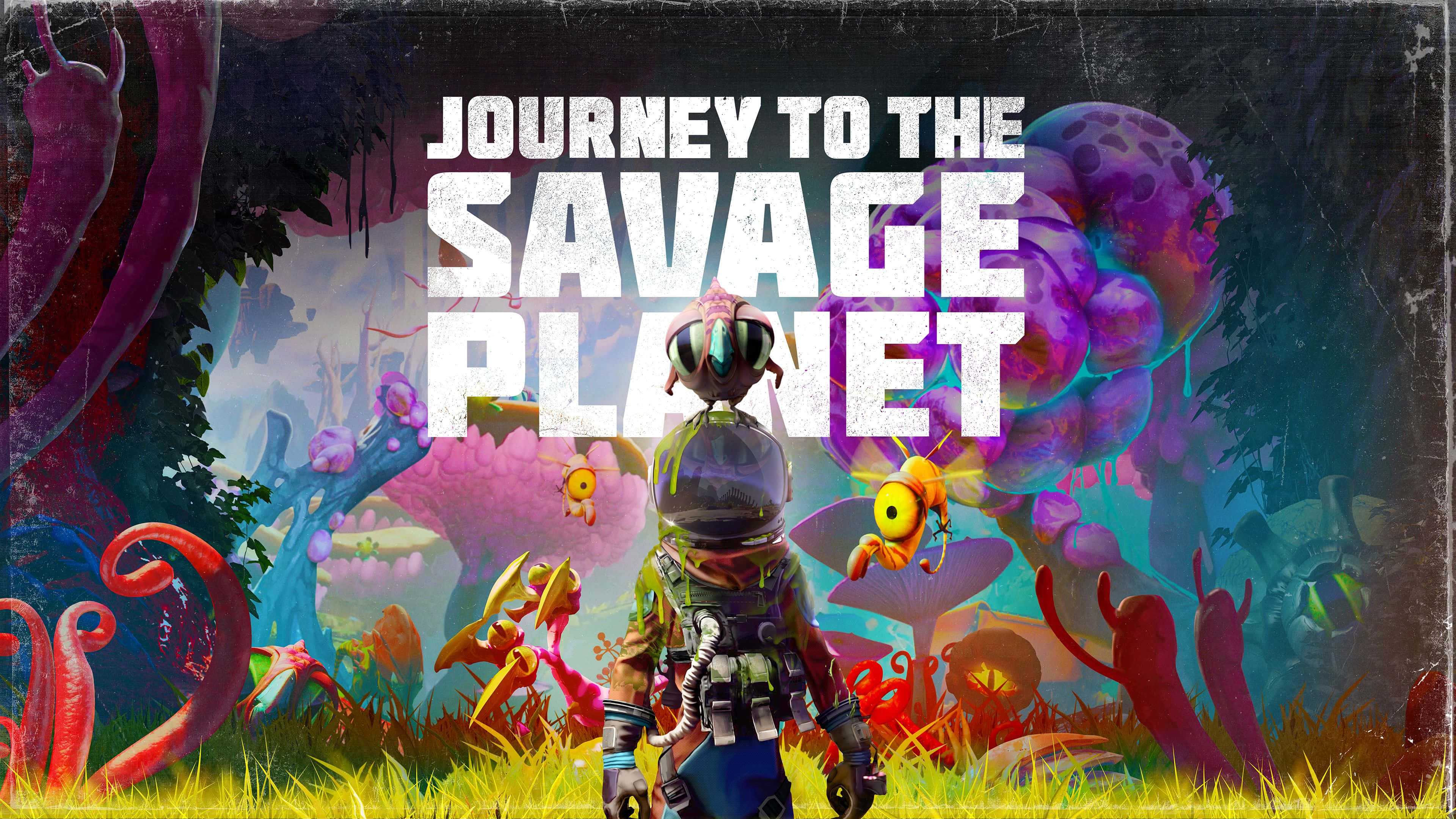 savage 桌布 壁紙 — 一位孤獨的太空人在暮色天空下探索一個充滿超現實植物和發光生物嘅充滿活力外星世界。
