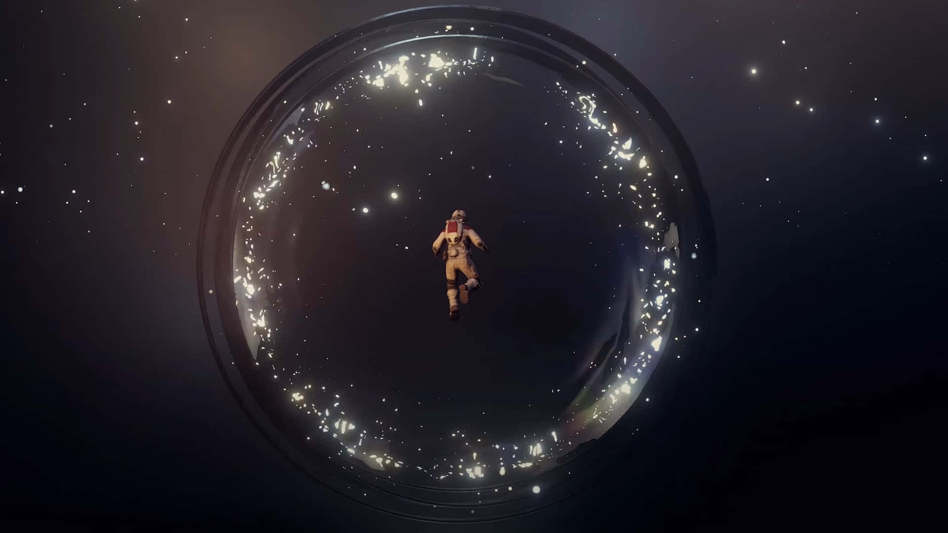 星空動態圖 桌布 壁紙 — 一位孤獨的太空人漂浮在一個發光的泡泡內，周圍是浩瀚太空中的繁星。