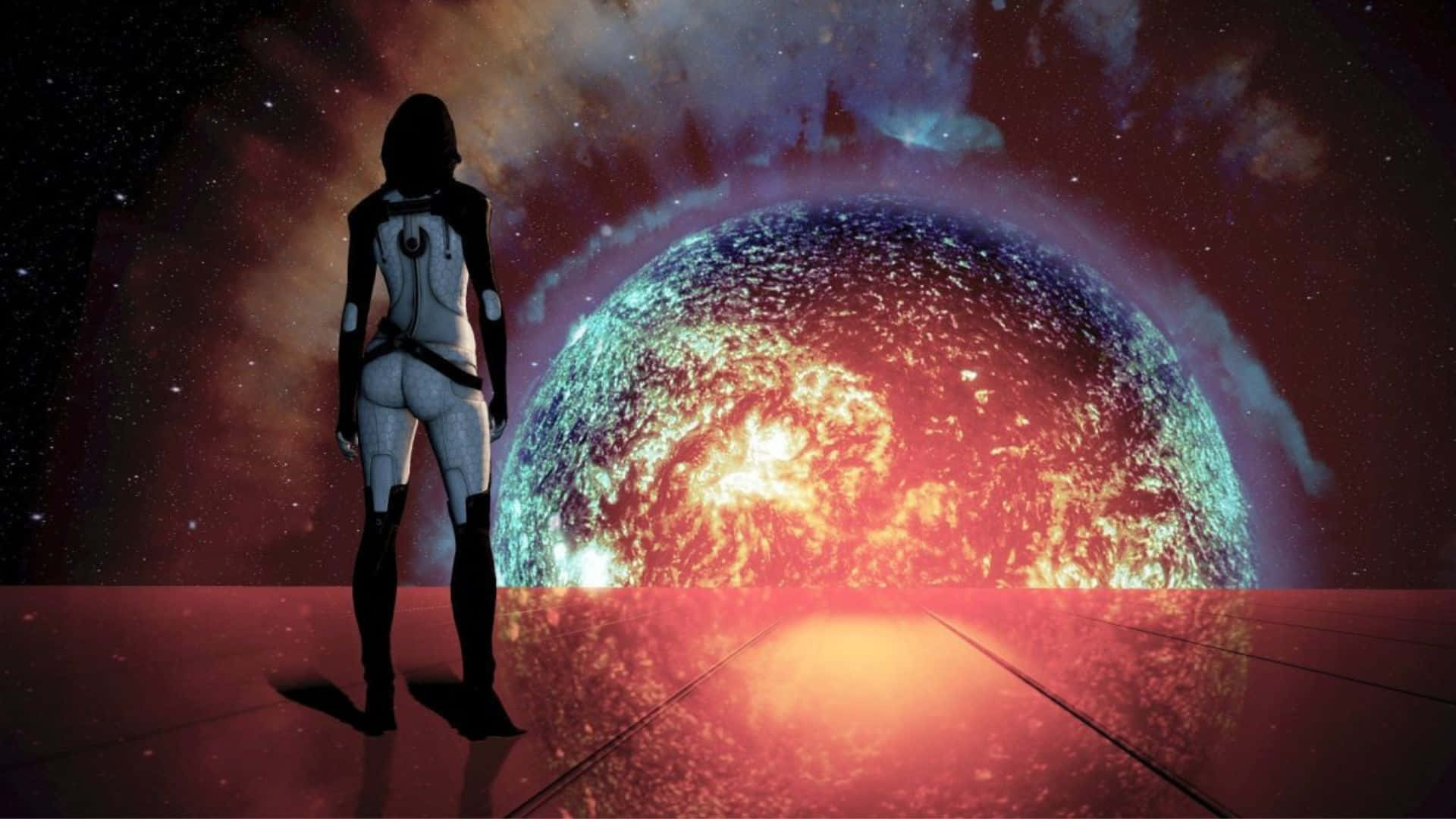 Miranda Lawson 桌布 壁紙 — 一位孤獨的太空人站在反射平台上，凝視著一顆熾熱旋轉的行星，背景是繁星點點的宇宙。