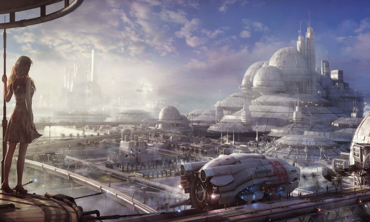3d Travel 桌布 壁紙 — 一位孤獨的女性俯瞰著廣闊的未來城市景觀，其中有圓頂建築和附近停靠的太空船，天空多雲。