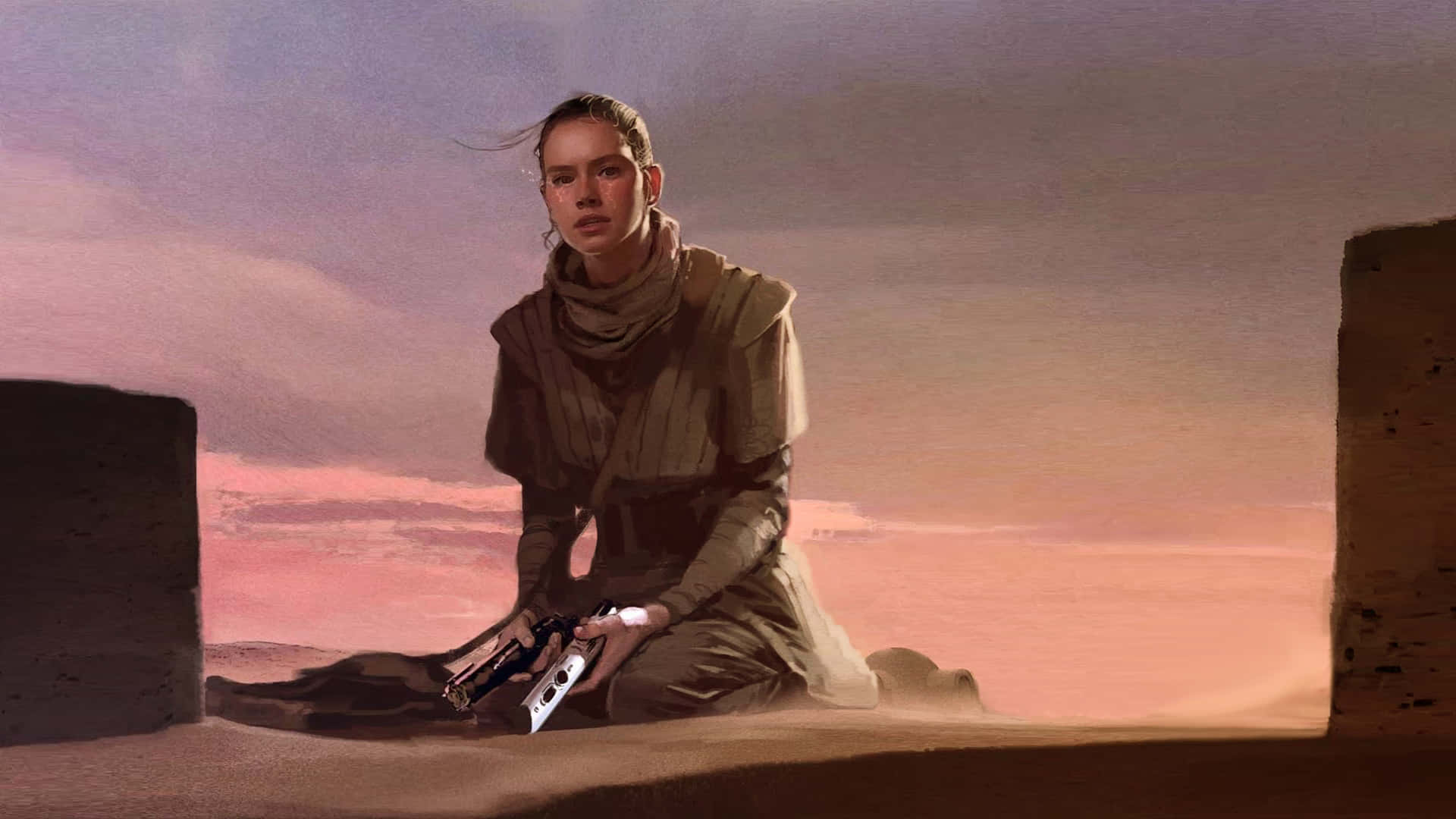 Jakku 桌布 壁紙 — 一位孤獨的戰士在沙漠峽谷中跪著，手持爆能槍，背後是戲劇性的粉紅和紫色天空，夕陽西下。