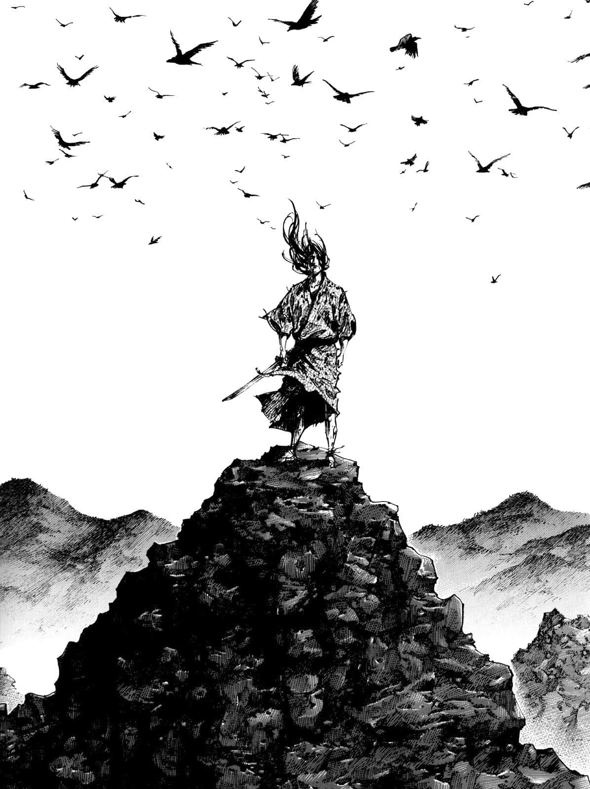 漫畫 桌布 壁紙 — 一位孤獨的戰士站在崎嶇的山峰上，手持劍，一群鳥兒在純白的天空中翱翔。