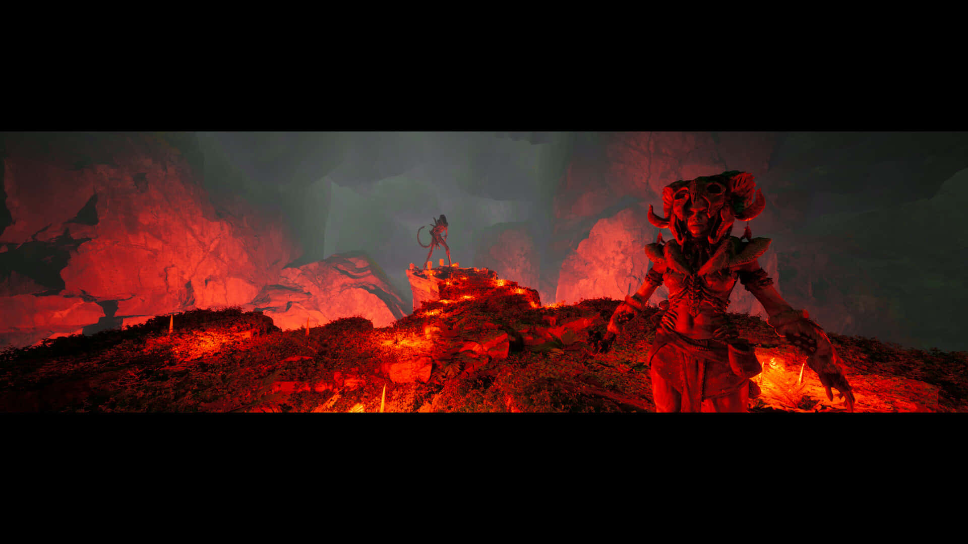 Mustafar 桌布 壁紙 — 一位孤獨的戰士站在發光的熔岩場上，面對著一個在熾熱洞穴中帶有威脅性角狀的惡魔。