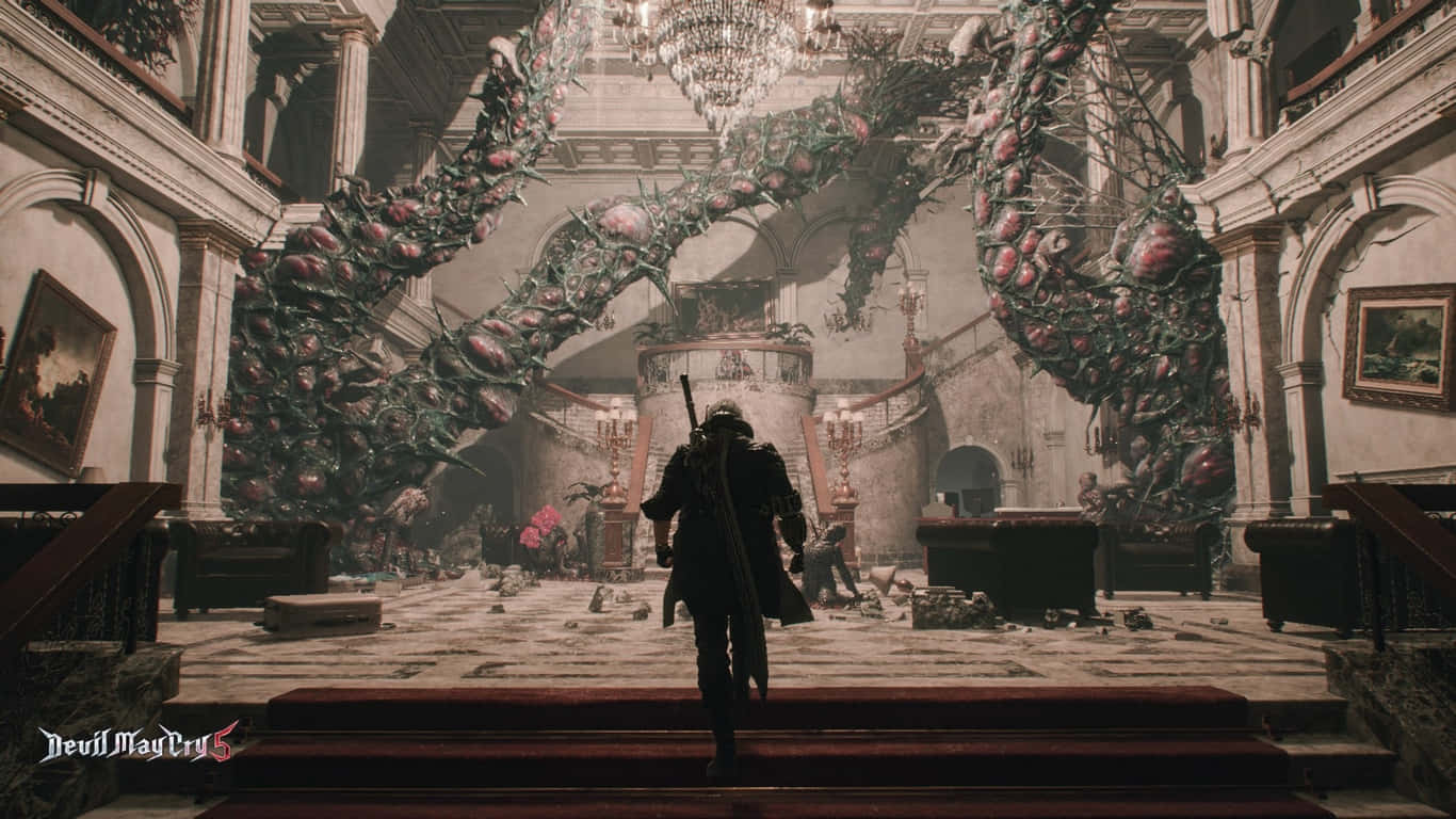 Devil May Cry Characters 桌布 壁紙 — 一位孤獨的戰士站在紅色樓梯上，面對著宏偉廢墟豪宅中一個被藤蔓覆蓋的怪異吊燈。