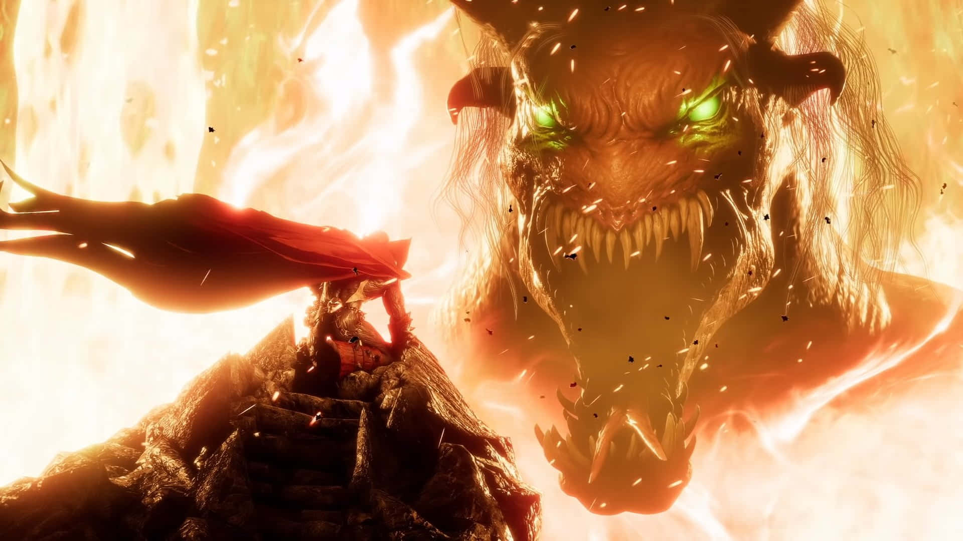 Mortal Kombat 11 Spawn 桌布 壁紙 — 一位孤獨的戰士身穿紅色斗篷，挑釁地站在岩石山峰上，面對著一隻擁有發光綠色眼睛的巨大火焰惡魔。