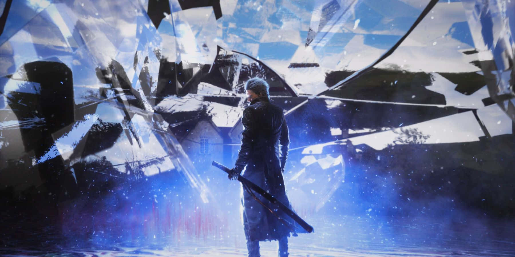 Devil May Cry Characters 桌布 壁紙 — 一位孤獨的戰士身穿長外套，在藍天飄雪下，手持劍站立於破碎的玻璃碎片之中。