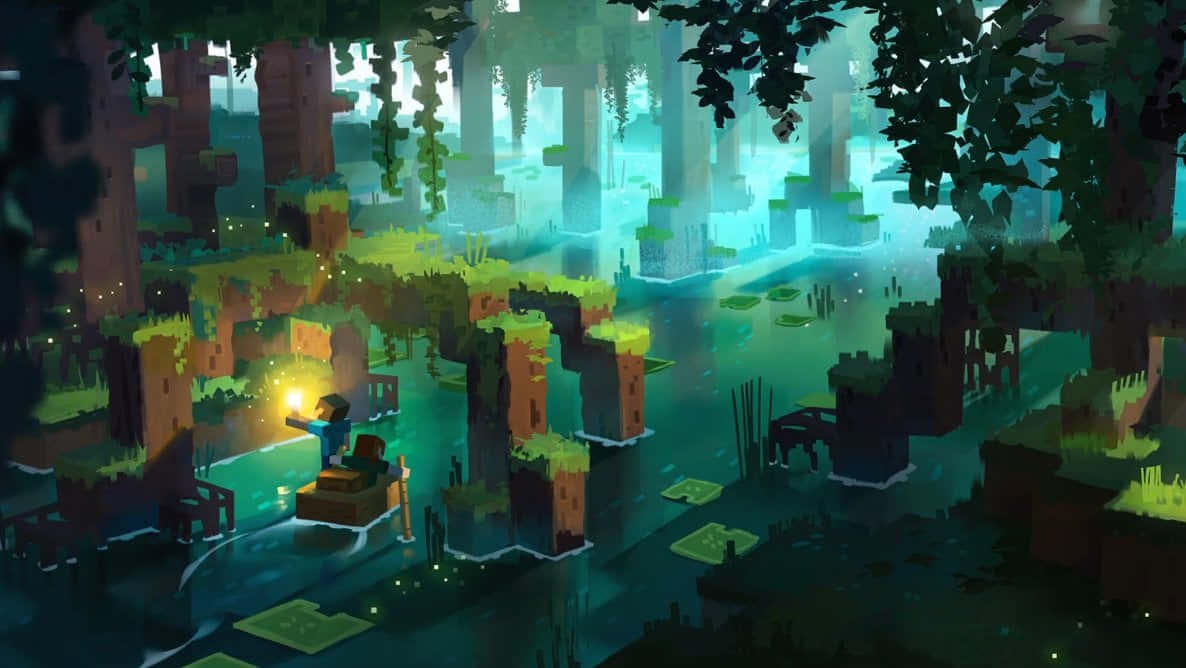 Minecraft Fan Art 桌布 壁紙 — 一位孤獨的探險家手持發光燈籠，在迷霧籠罩的叢林中穿梭，叢林中有浮空島嶼和沐浴在空靈青綠色光芒中的古老遺跡。