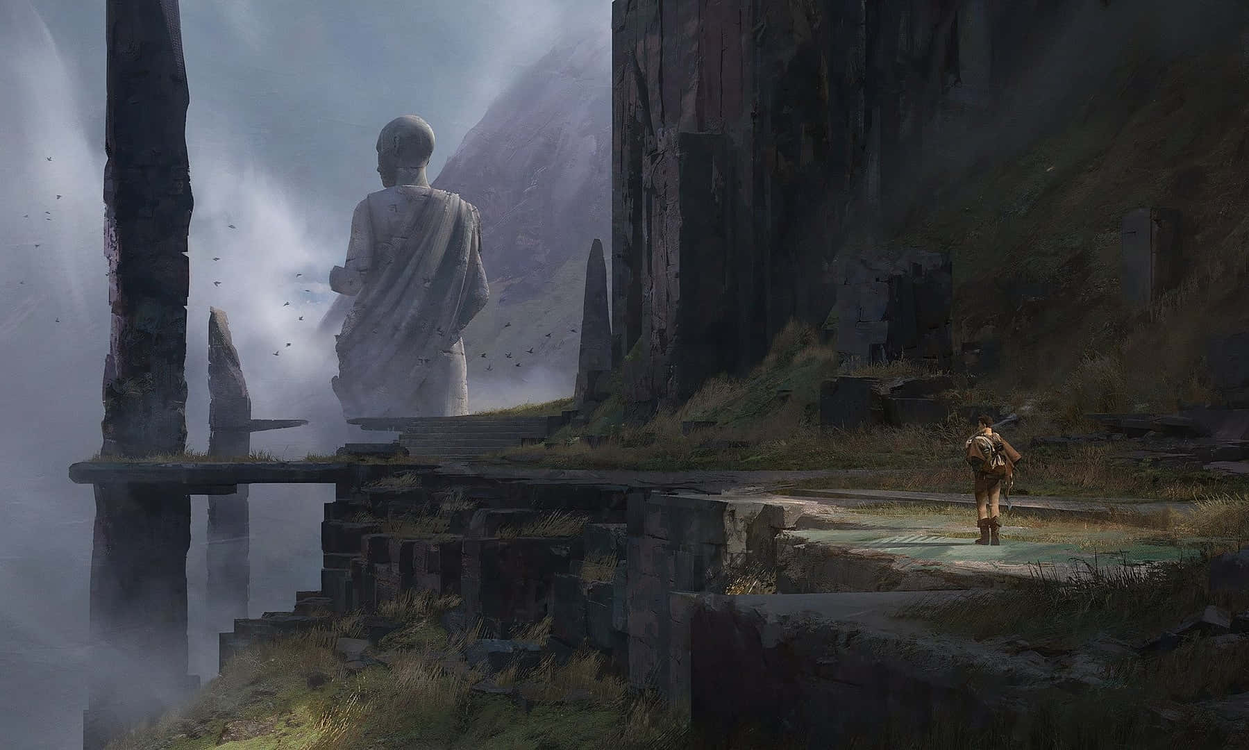 Ashen 桌布 壁紙 — 一位孤獨的探險家走過霧氣瀰漫的湖泊旁的古老石頭遺跡，一座巨大的雕像俯瞰著整個場景。