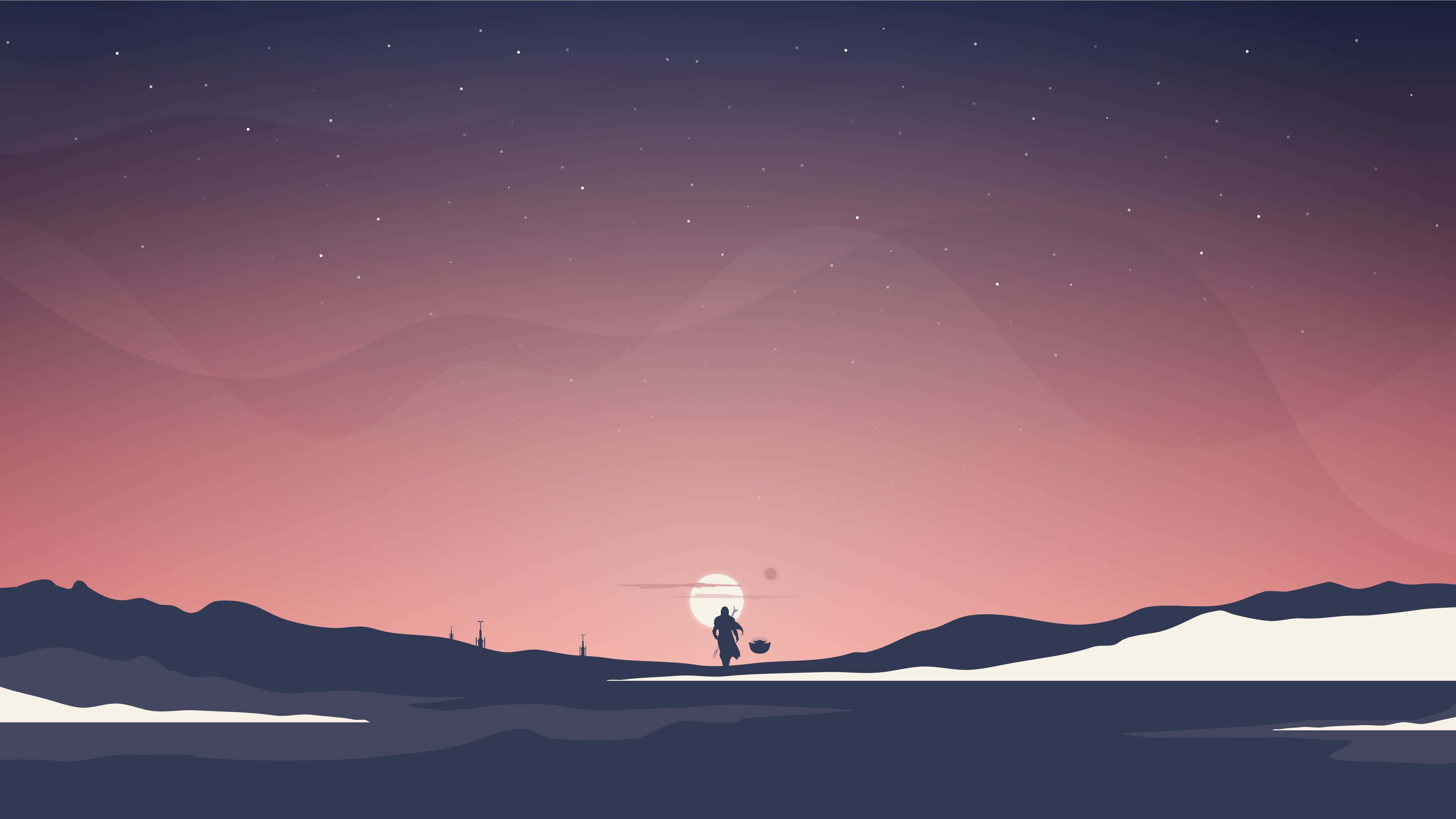 Minimalist Sky 桌布 壁紙 — 一位孤獨的旅人在星光燦爛的暮色天空下，穿越雪覆蓋的沙漠，一輪發光的月亮照耀著。