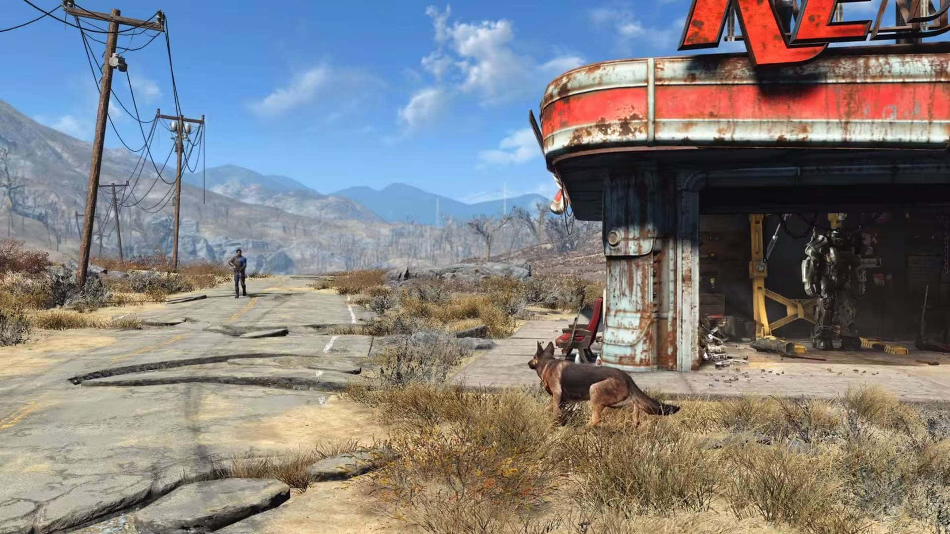 Fallout 4 Wasteland 桌布 壁紙 — 一位孤獨的旅人沿著一條裂開的道路走過一個生鏽的加油站，附近有一隻狗，在明亮的藍天下。
