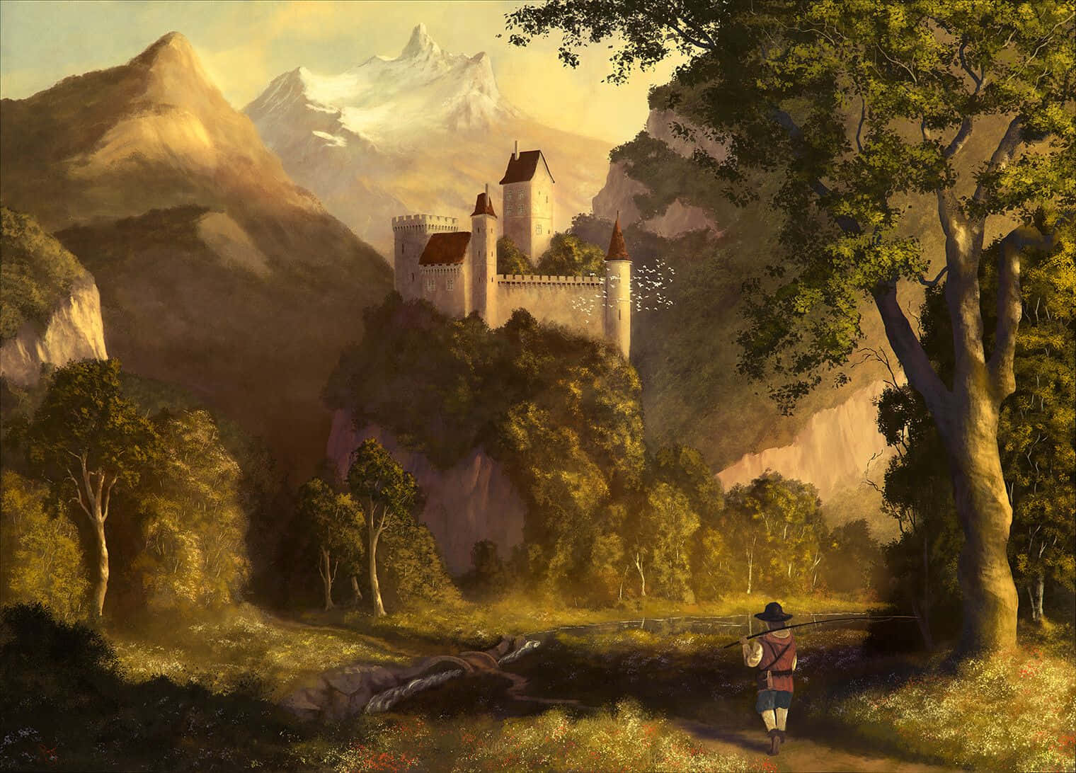 Romanticism 桌布 壁紙 — 一位孤獨的旅人走向一座雄偉的城堡，城堡坐落在懸崖上，周圍是金黃色的山脈和茂密的森林。