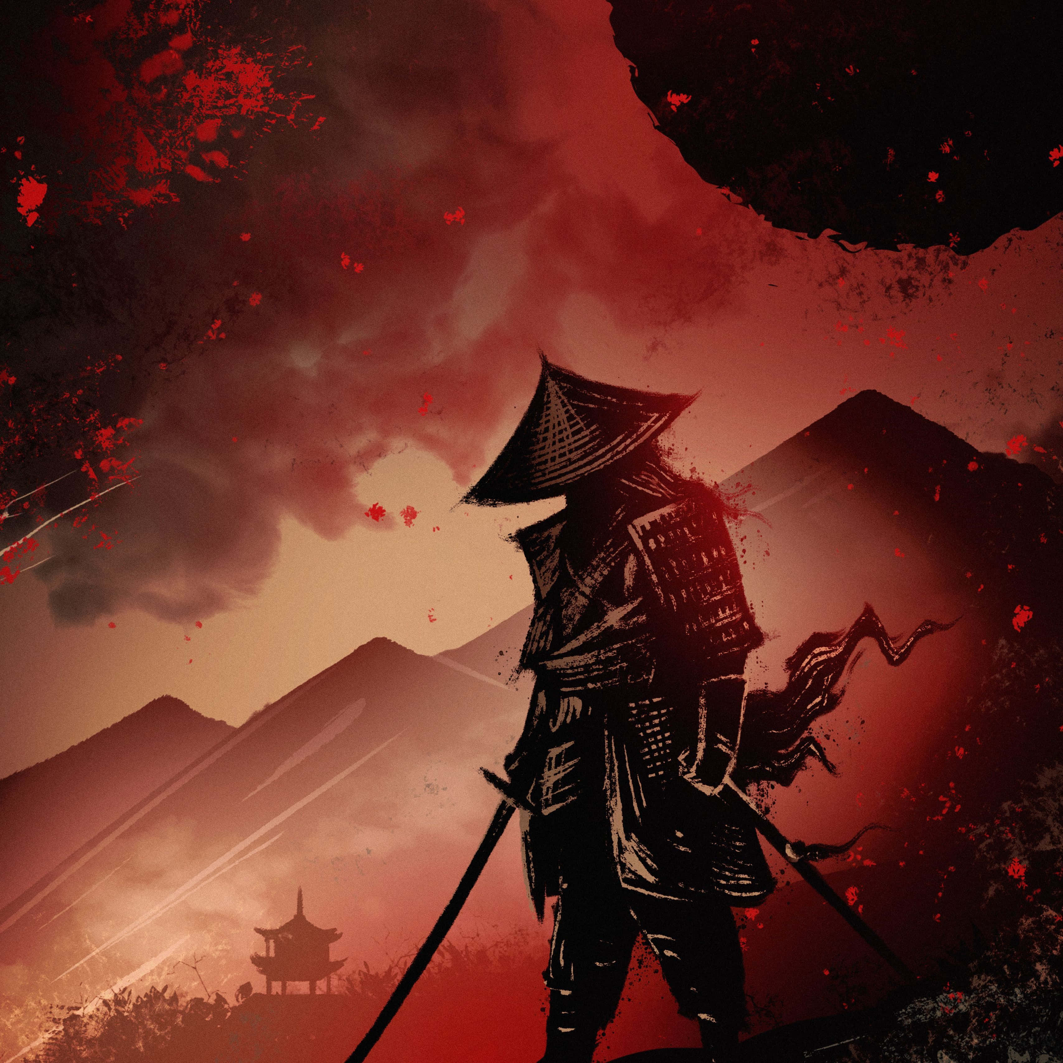 Ronin 桌布 壁紙 — 一位孤獨的武士戰士在血紅色的天空下，山巒和遠處的寶塔在旋轉的雲層中形成剪影。