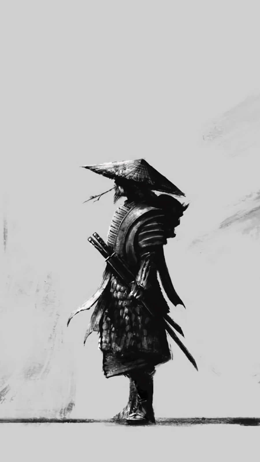 Black And White Samurai 桌布 壁紙 — 一位孤獨的武士戰士身穿傳統盔甲和寬邊帽，以單色剪影站在極簡灰色背景前。