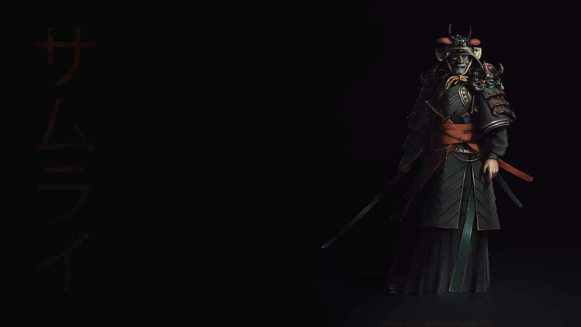 Bushido Samurai 桌布 壁紙 — 一位孤獨的武士穿著華麗的暗色盔甲，手持武士刀，站在黑色背景前，帶有日文字。