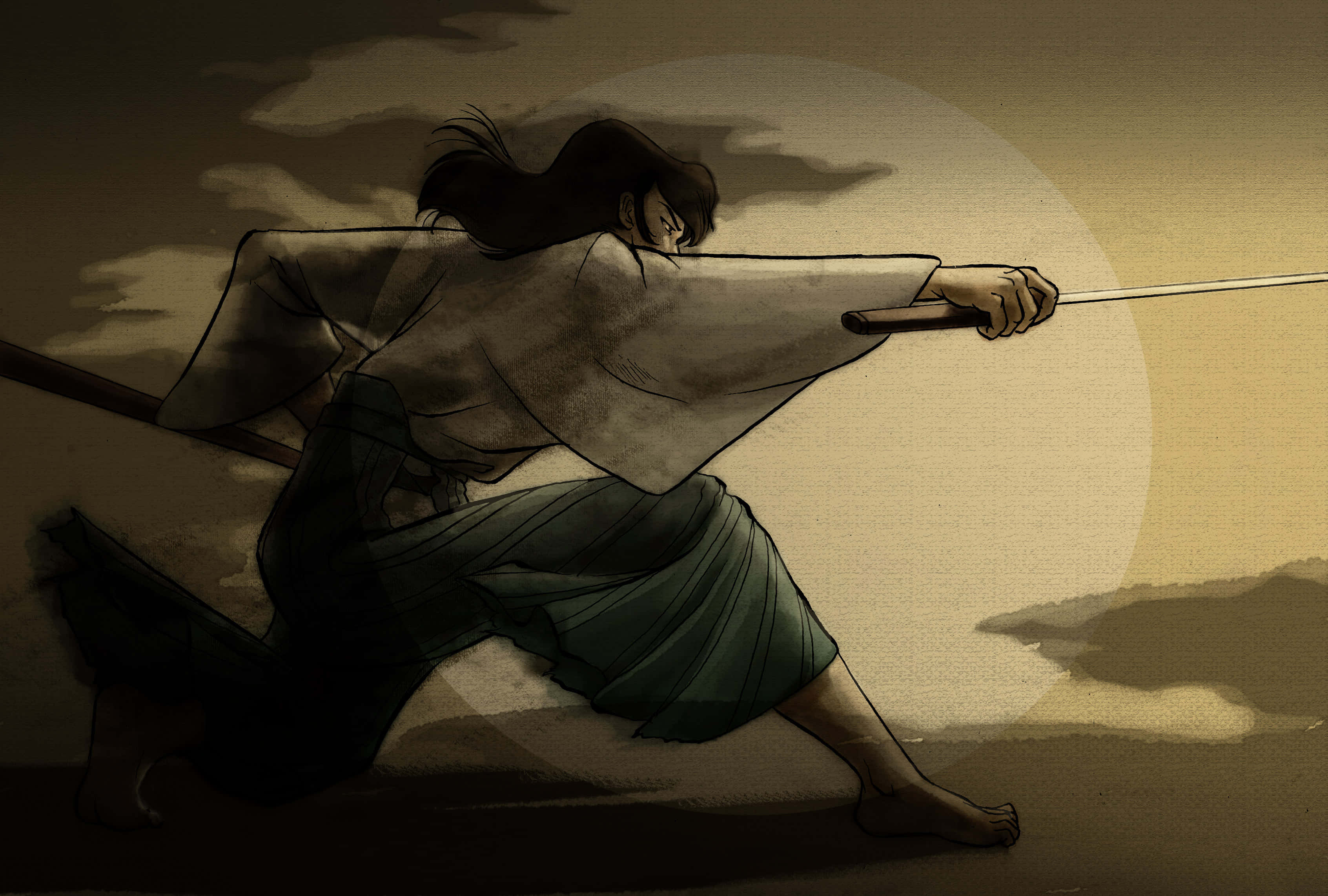 Goemon Ishikawa Xiii 桌布 壁紙 — 一位孤獨的武士穿著飄逸的長袍，在一個巨大的蒼白太陽和烏雲的背景下拔出他的劍。