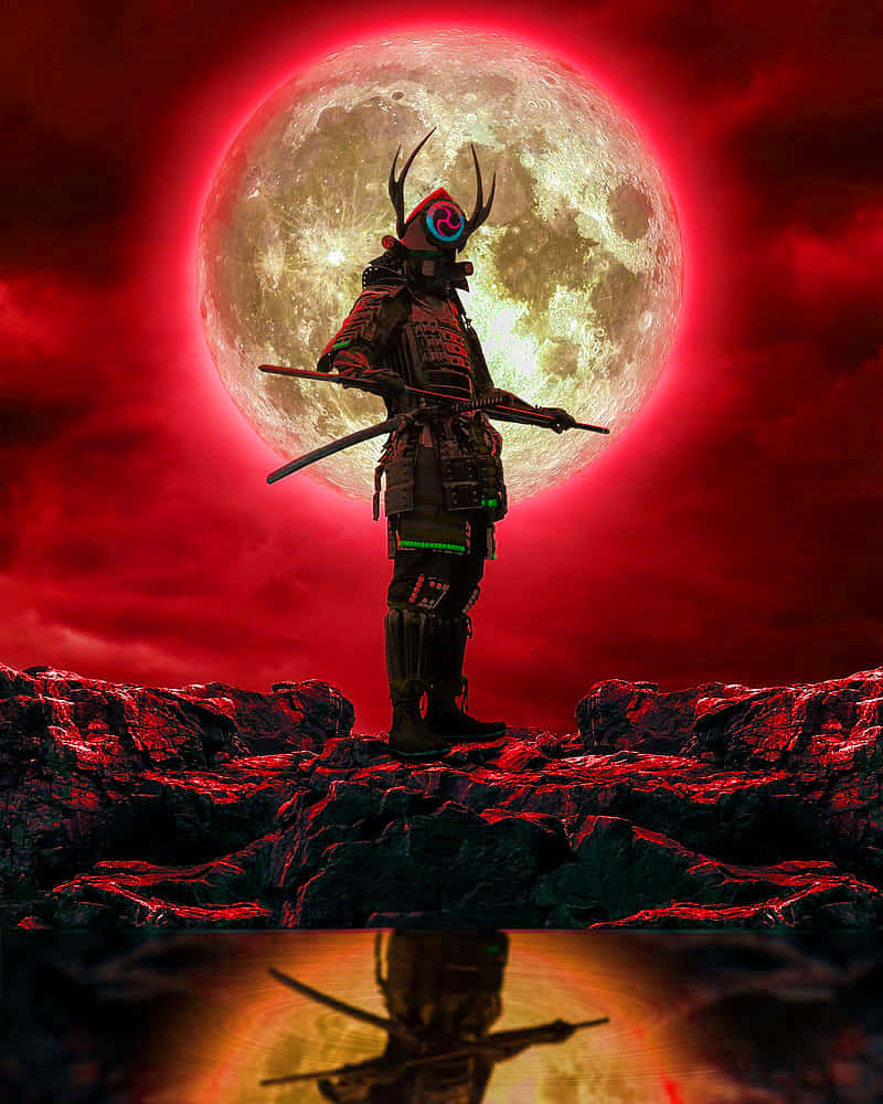 未來風格武士站在紅色岩石上，發光月亮，水面倒映。